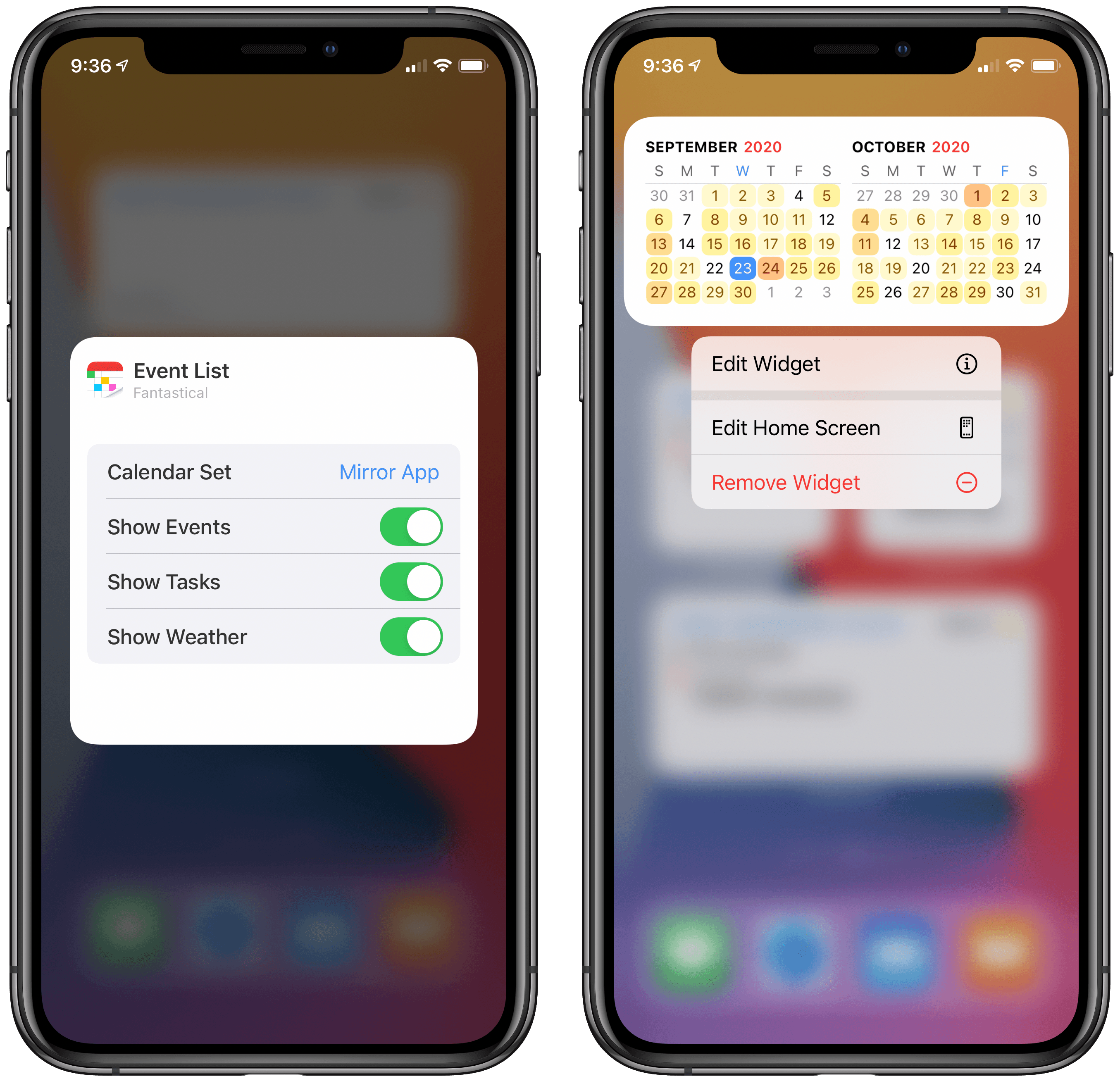 Configuring a widget (left) and viewing a calendar heat map (right).