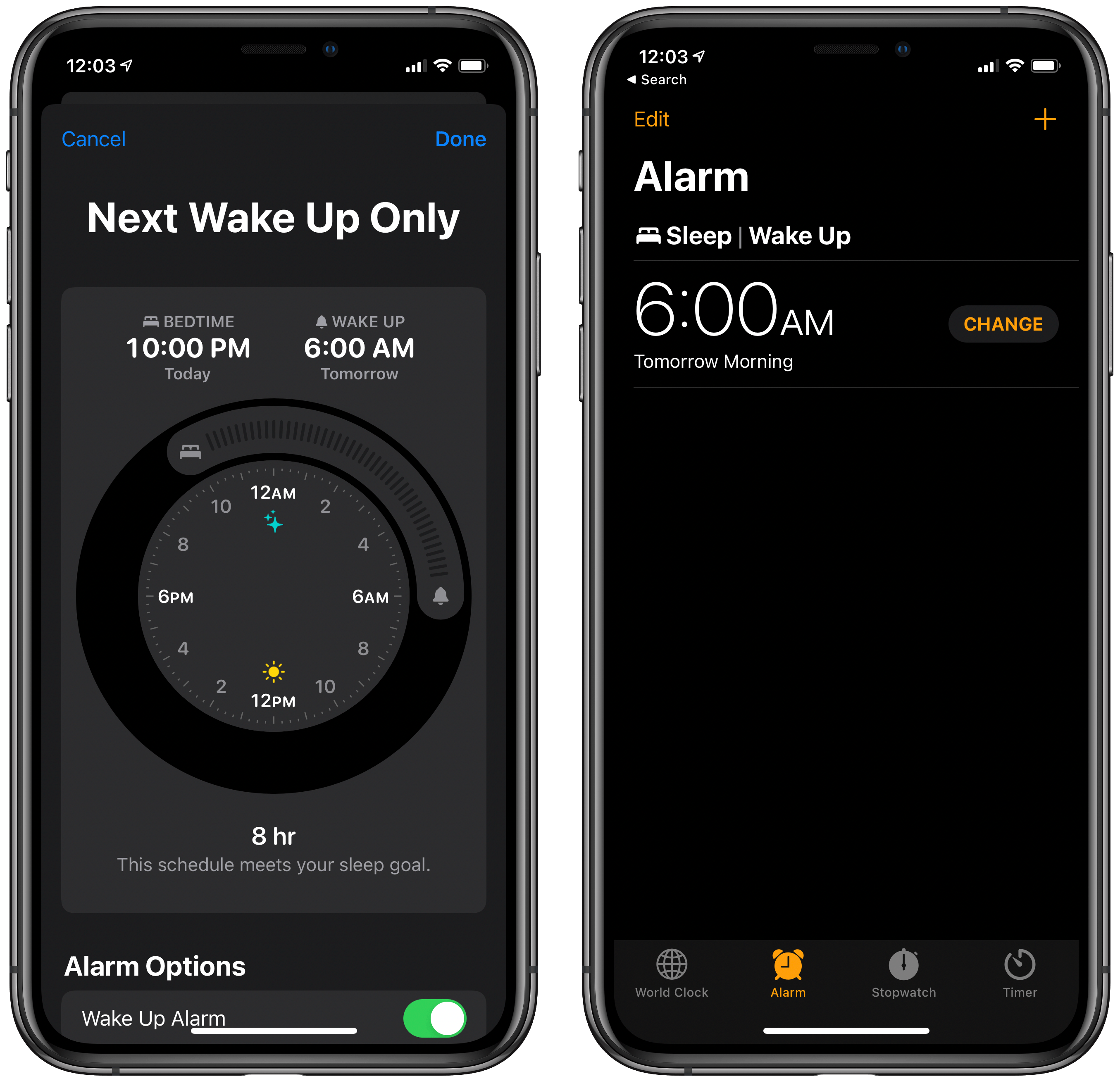Modifying the next wake up in Health (left) or Clock (right).