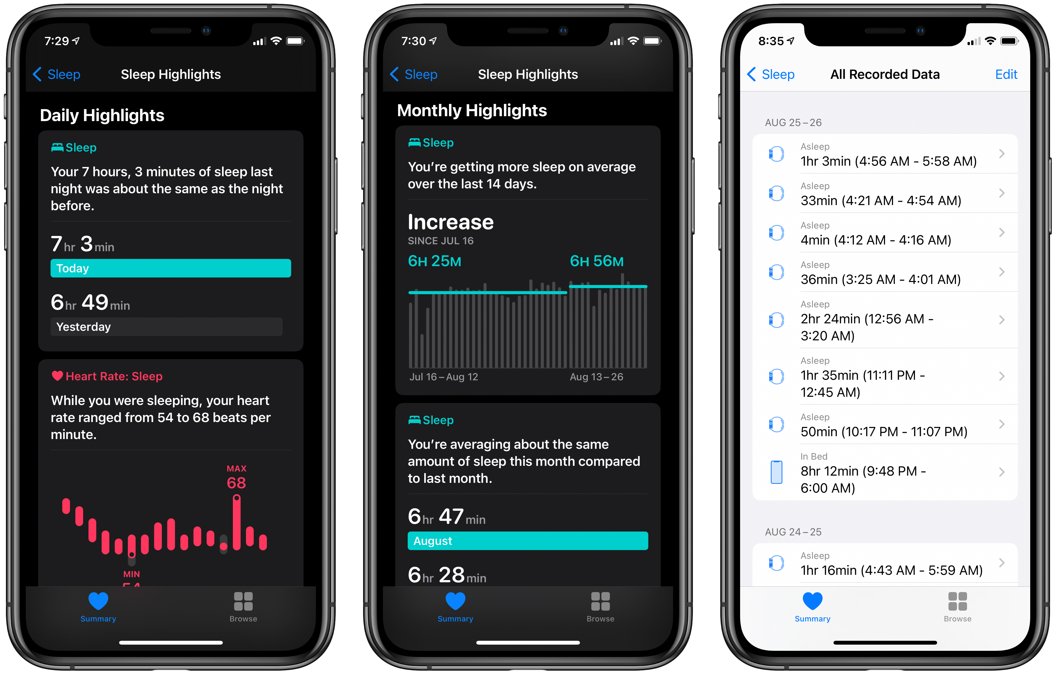 Sleep highlights (left and center) and viewing all data (right).