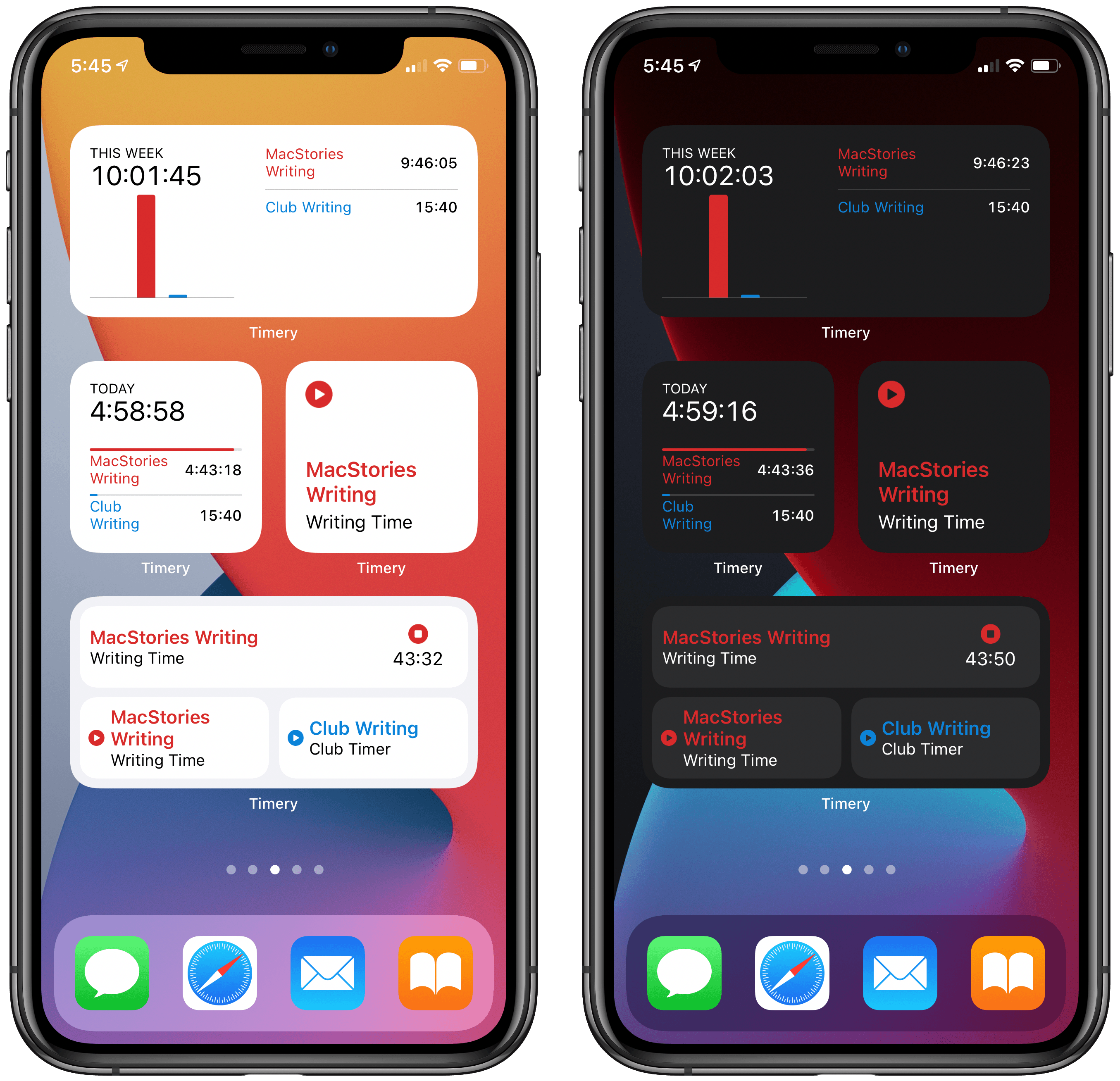 Timery’s iOS 14 widgets in light and dark mode.