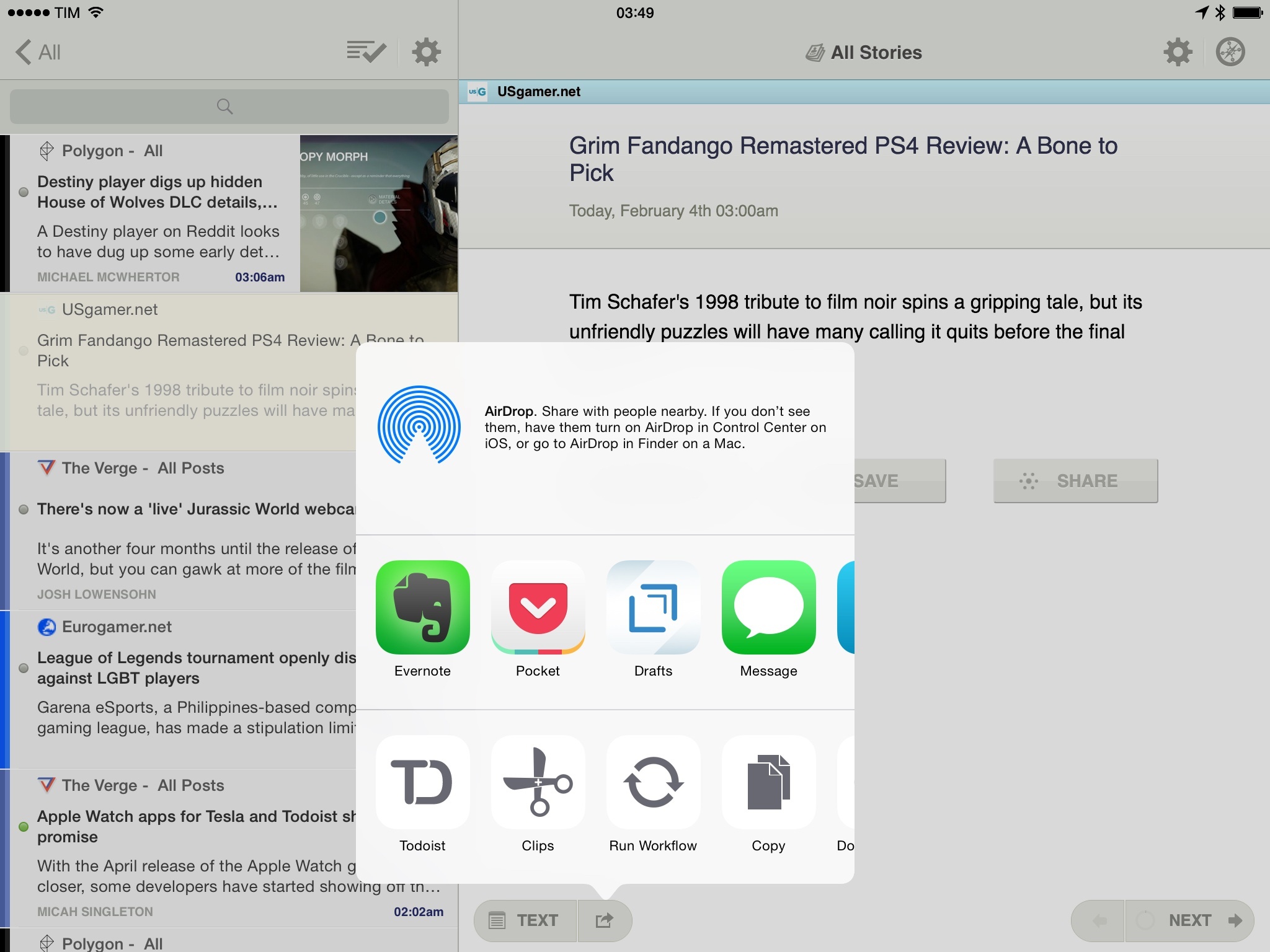 An iOS 8 share sheet in NewsBlur.