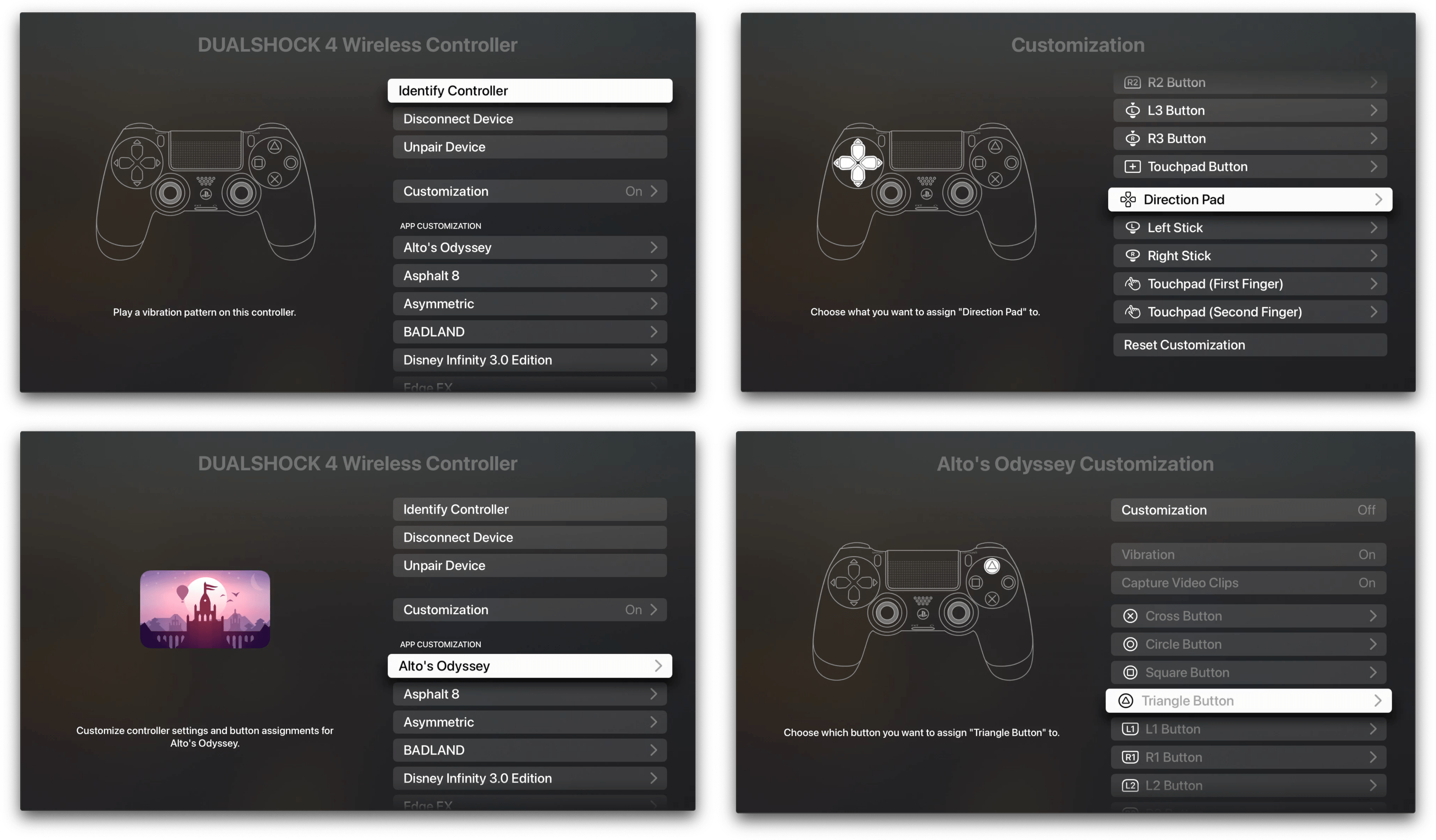 Remapping controller inputs globally and per-game on the Apple TV.