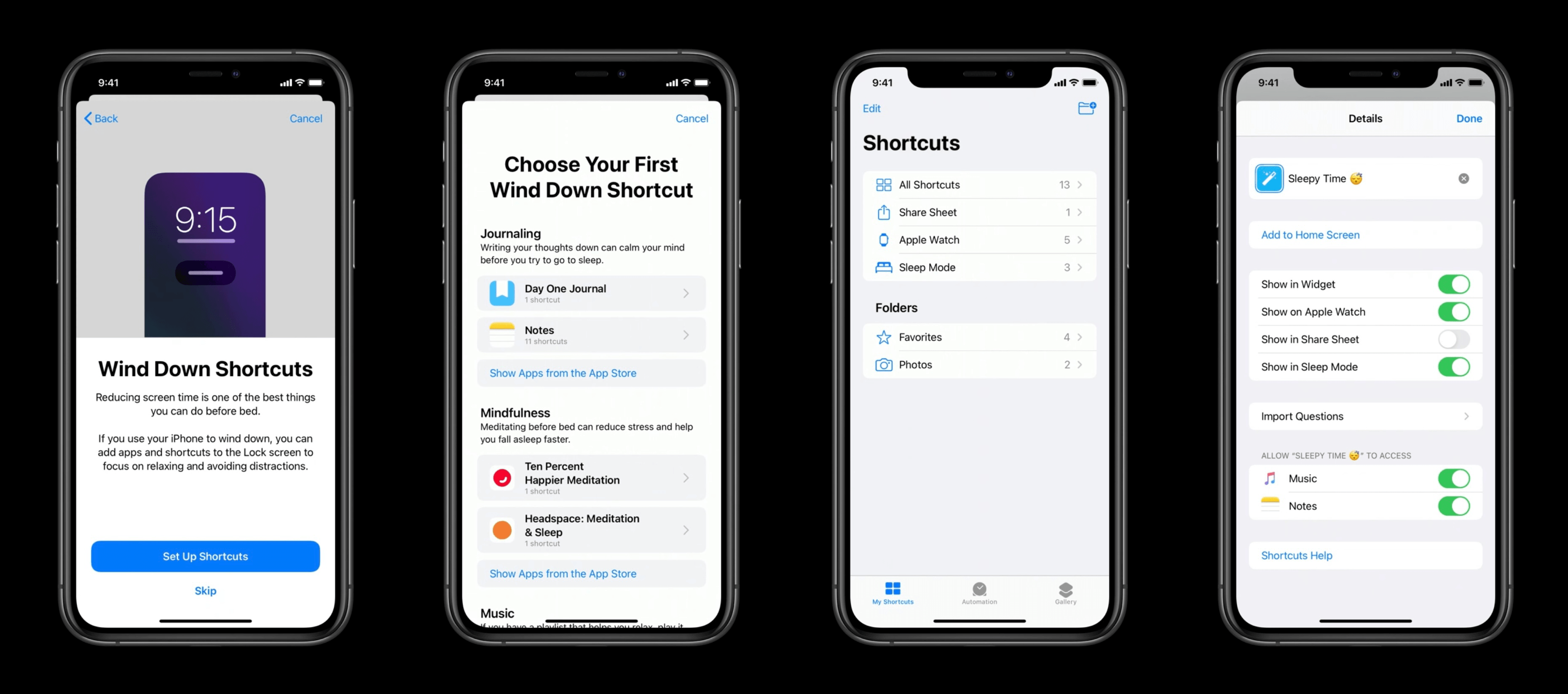 Wind Down setup (left) and configuring Wind Down shortcuts in the Shortcuts app (right).