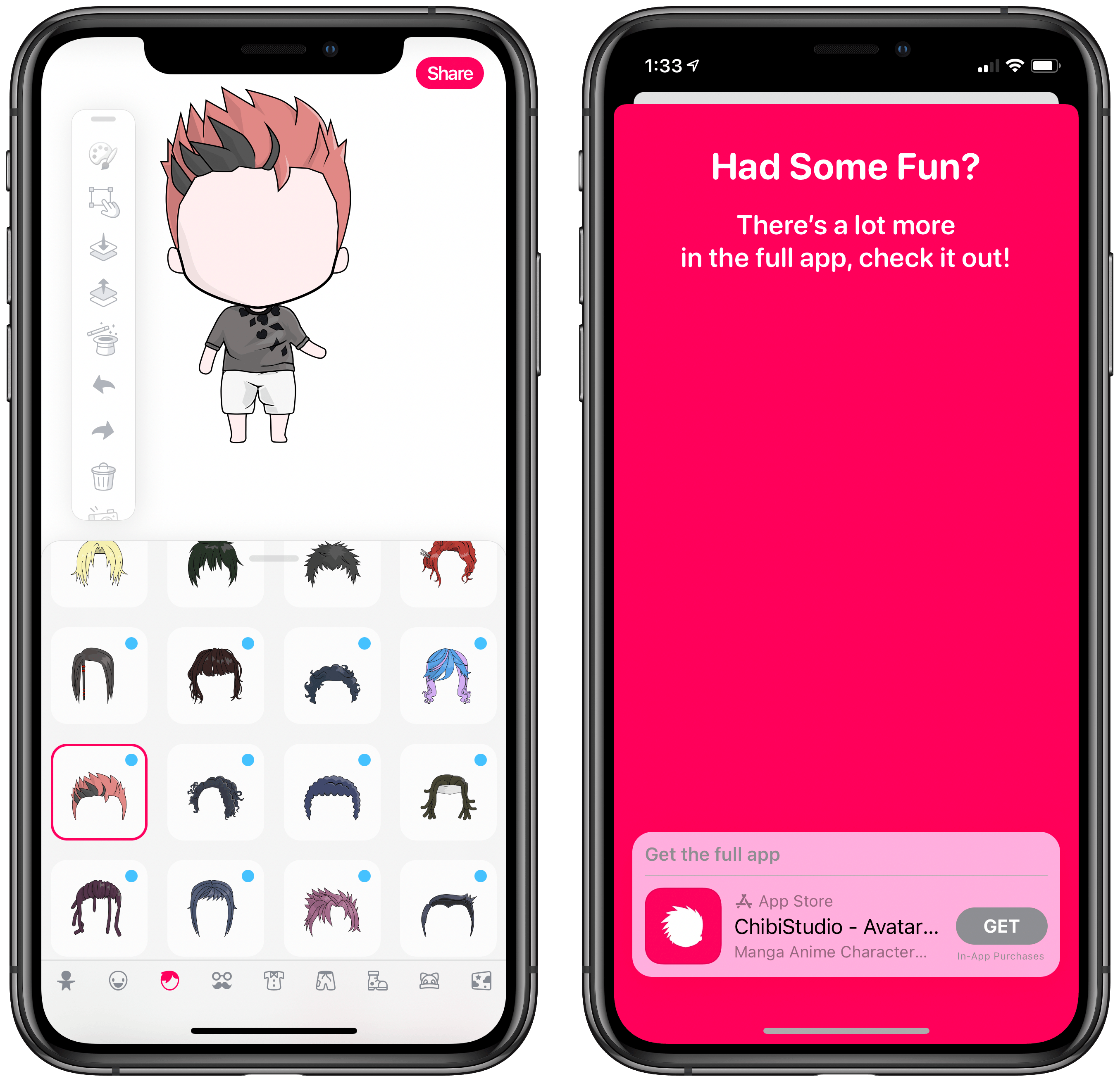 ChibiStudio’s App Clip lets you build and share your chibi (left) then provides the option of downloading the full app (right).