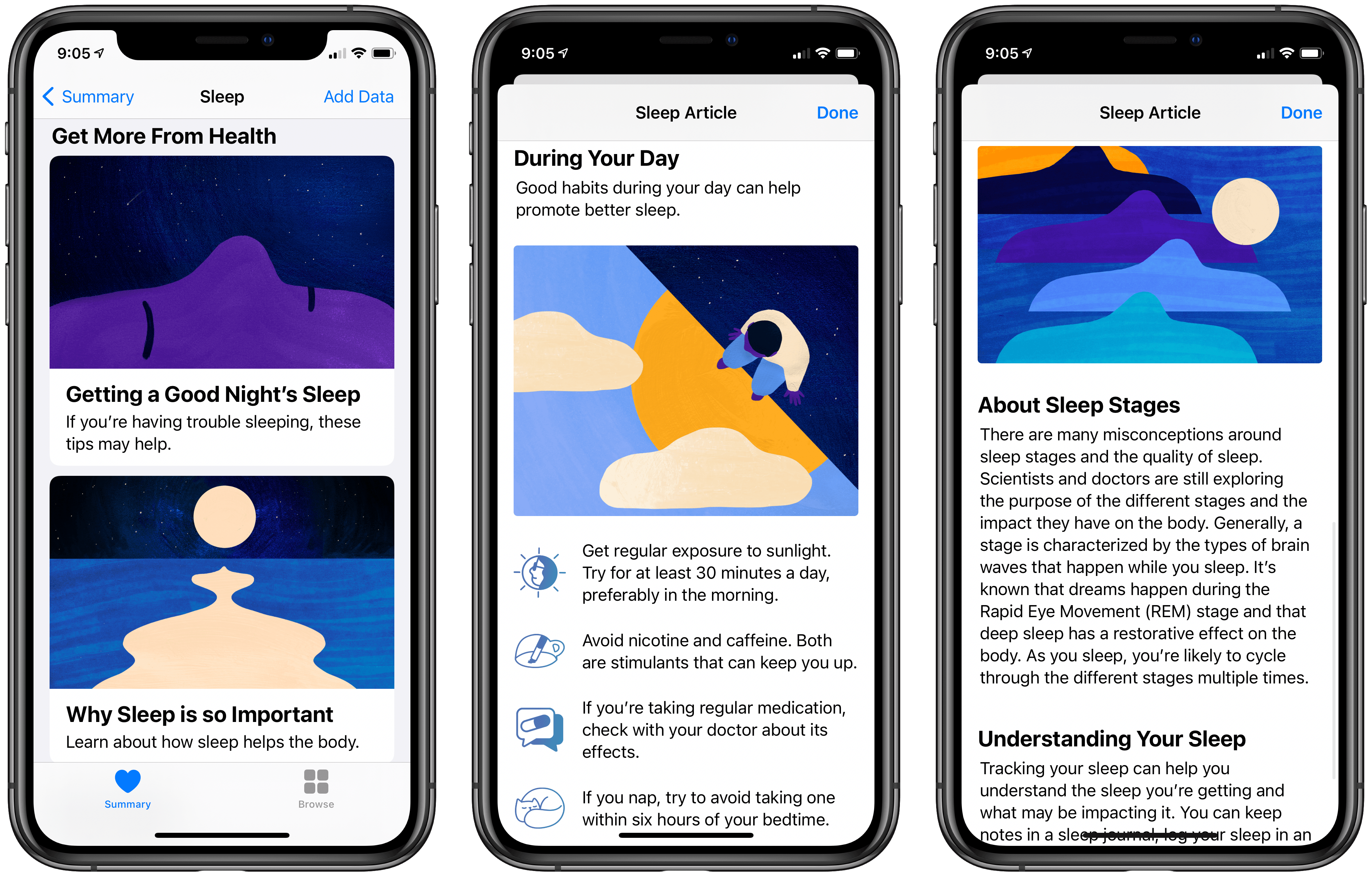 Articles on sleep in the Health app.
