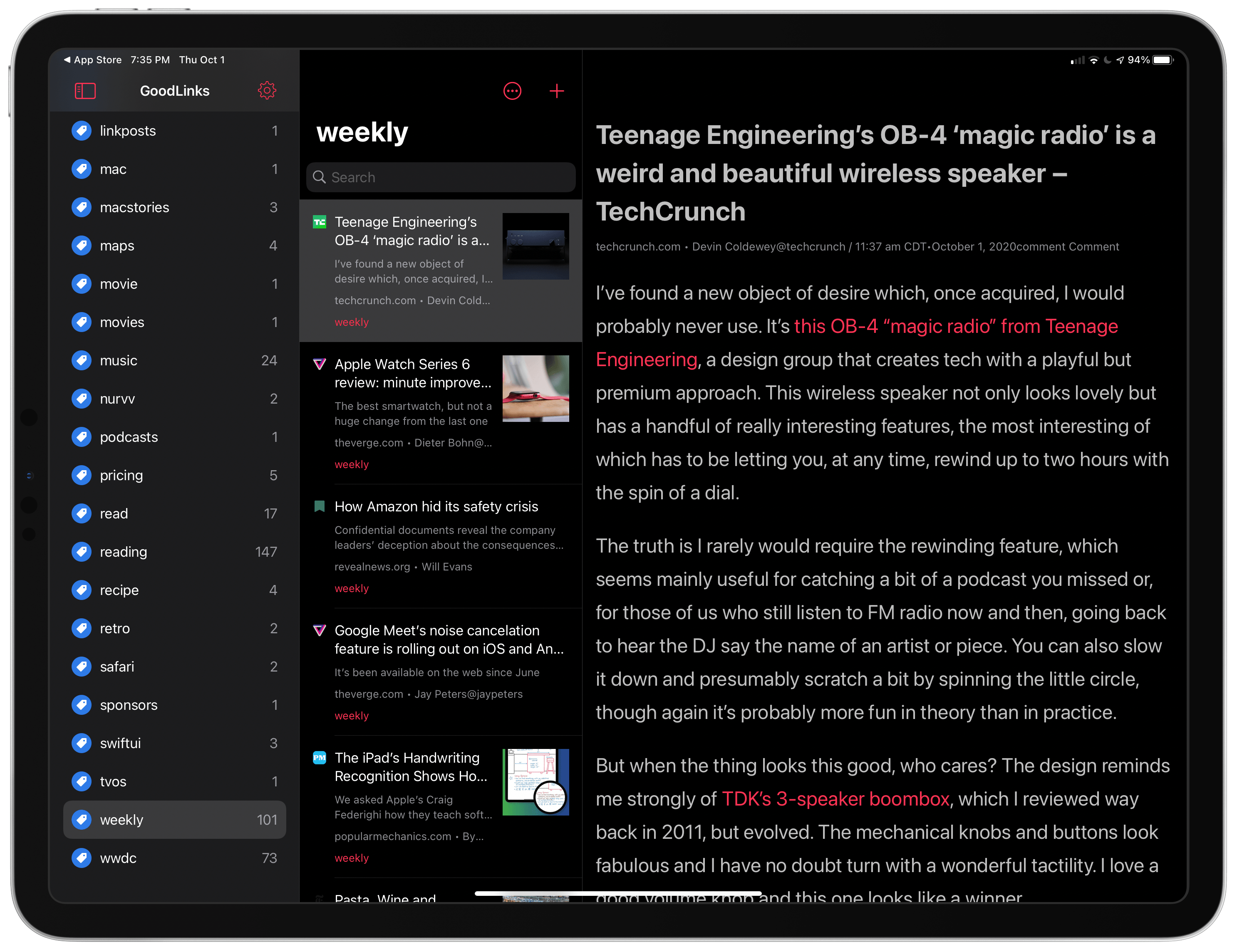 Tags in GoodLinks' sidebar can be expanded.