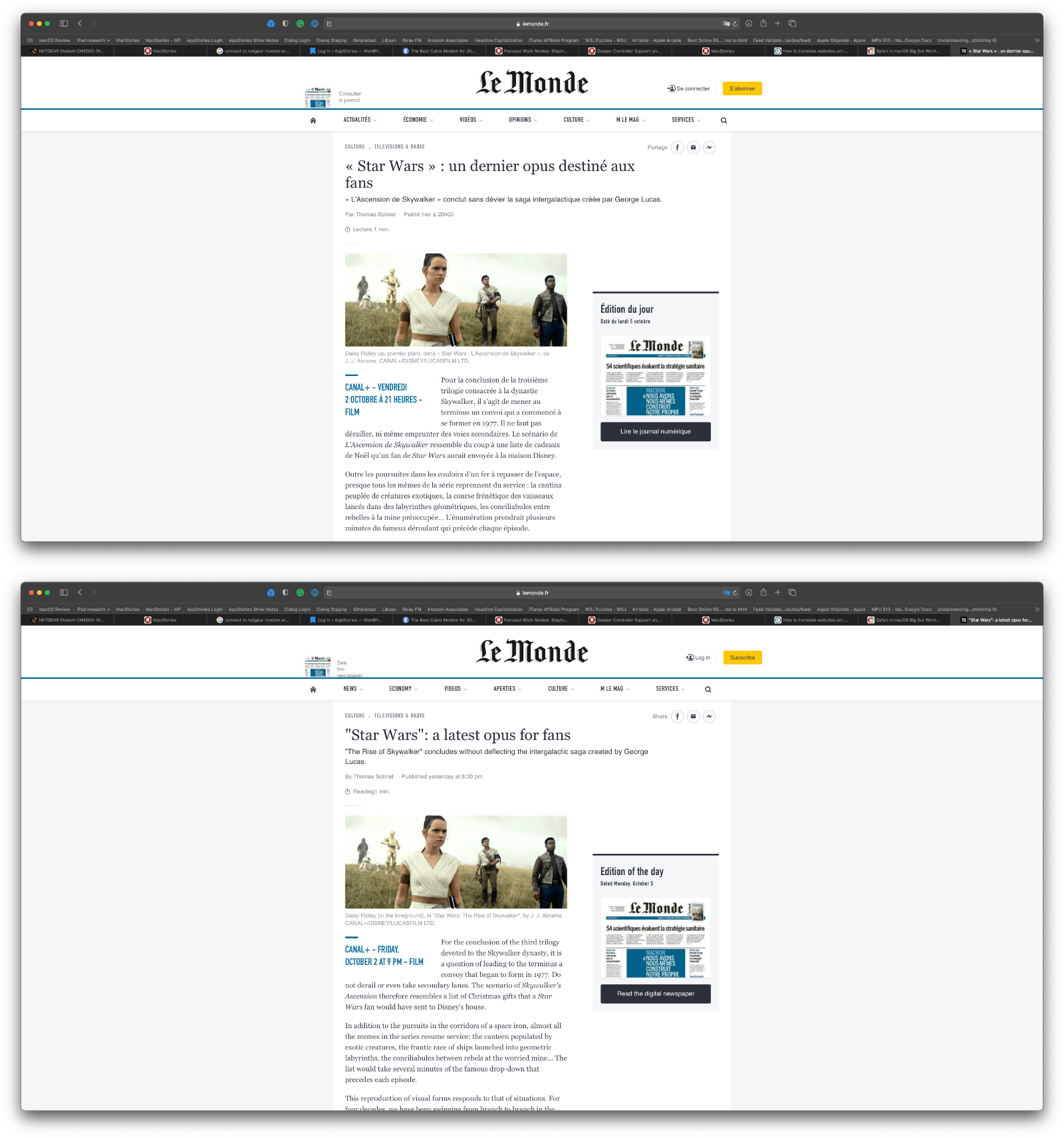 Translating an article from French to English in Safari.