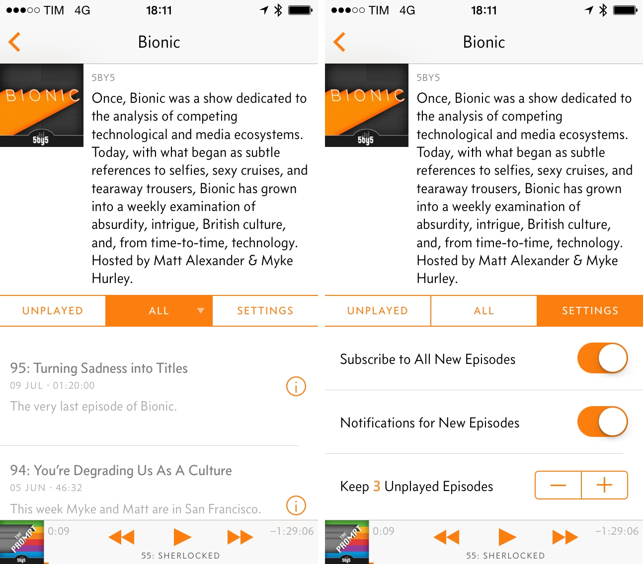 Episode navigation and podcast settings in Overcast.