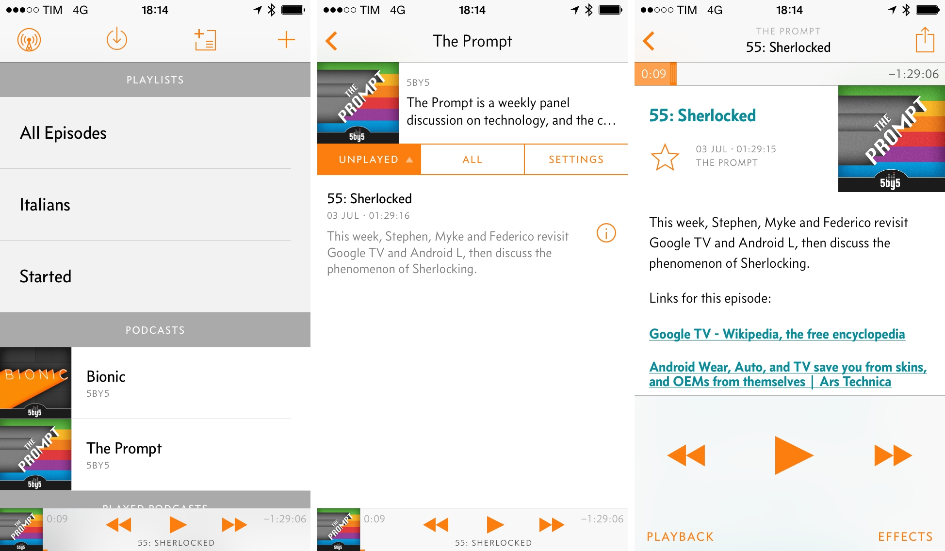 Overcast's progression: playlists and podcasts; individual show; show notes in the playback screen.