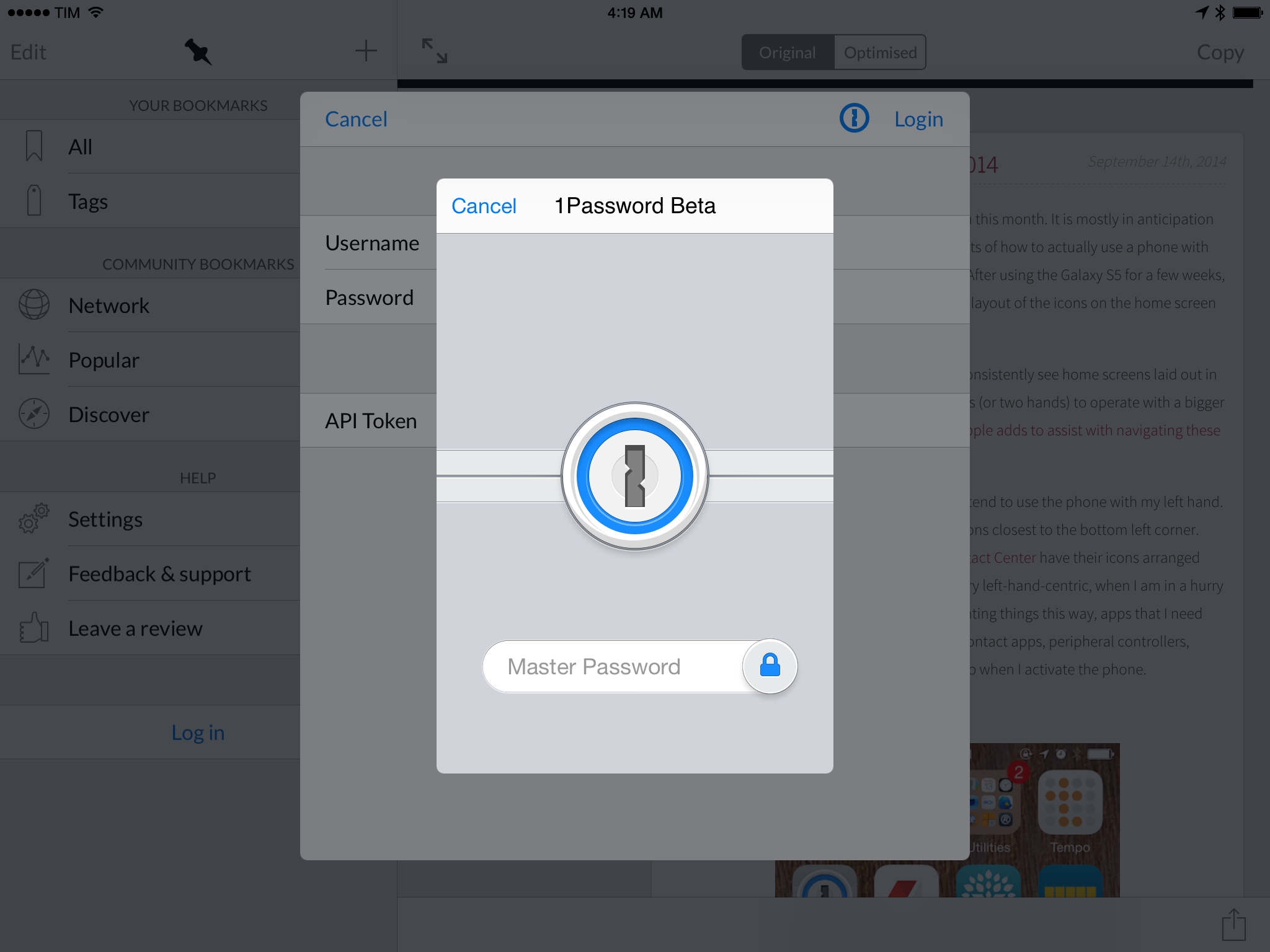 The 1Password extension in a third-party app (Pinner for Pinboard).