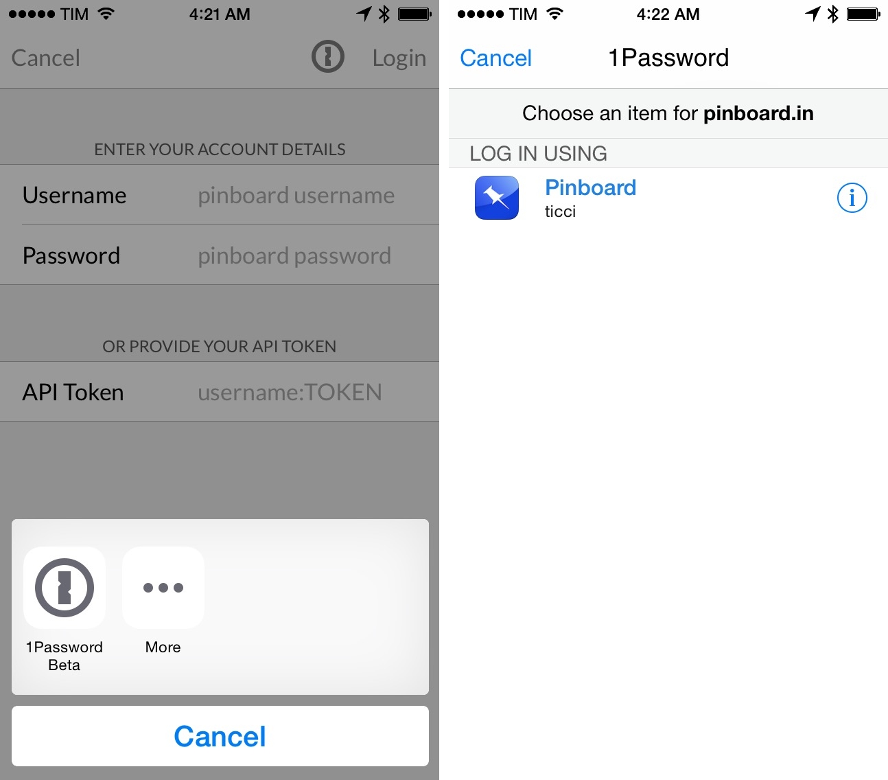 The 1Password extension in a third-party app (Pinner for Pinboard).