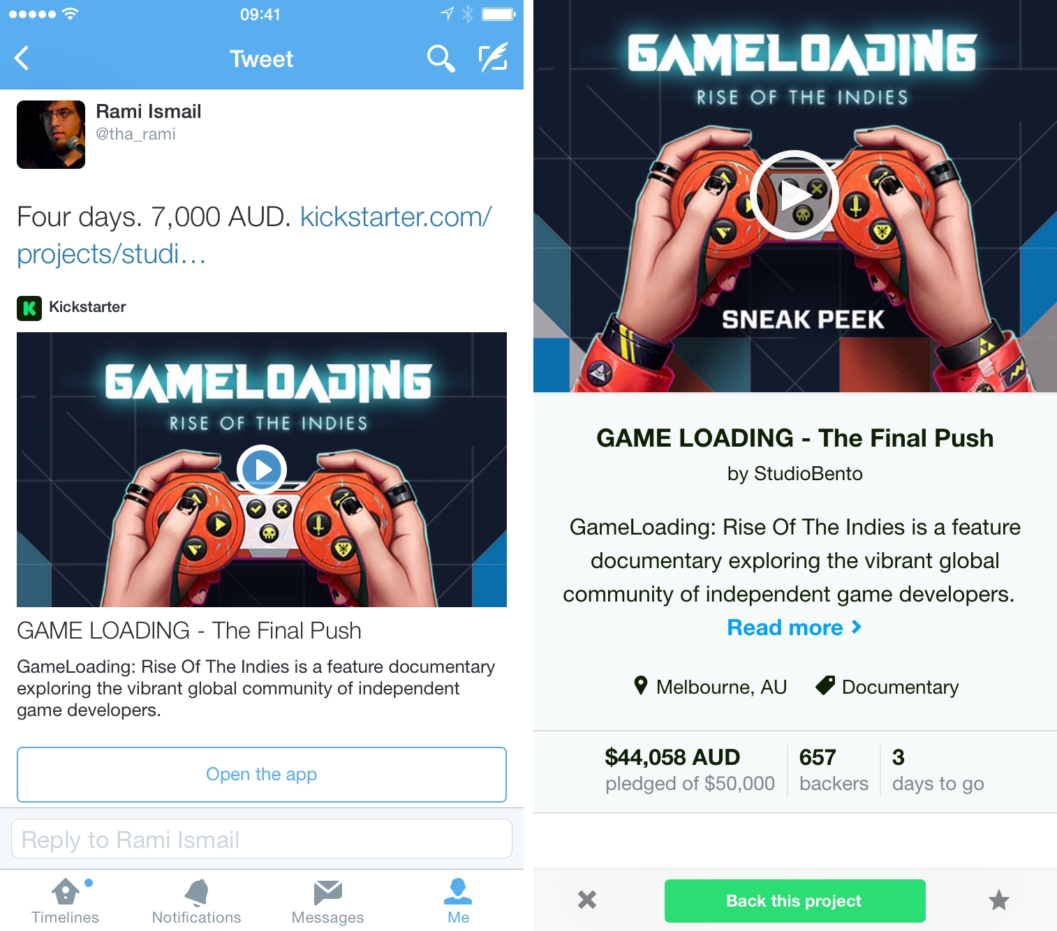 Kickstarter preview and deep-linking in Twitter.