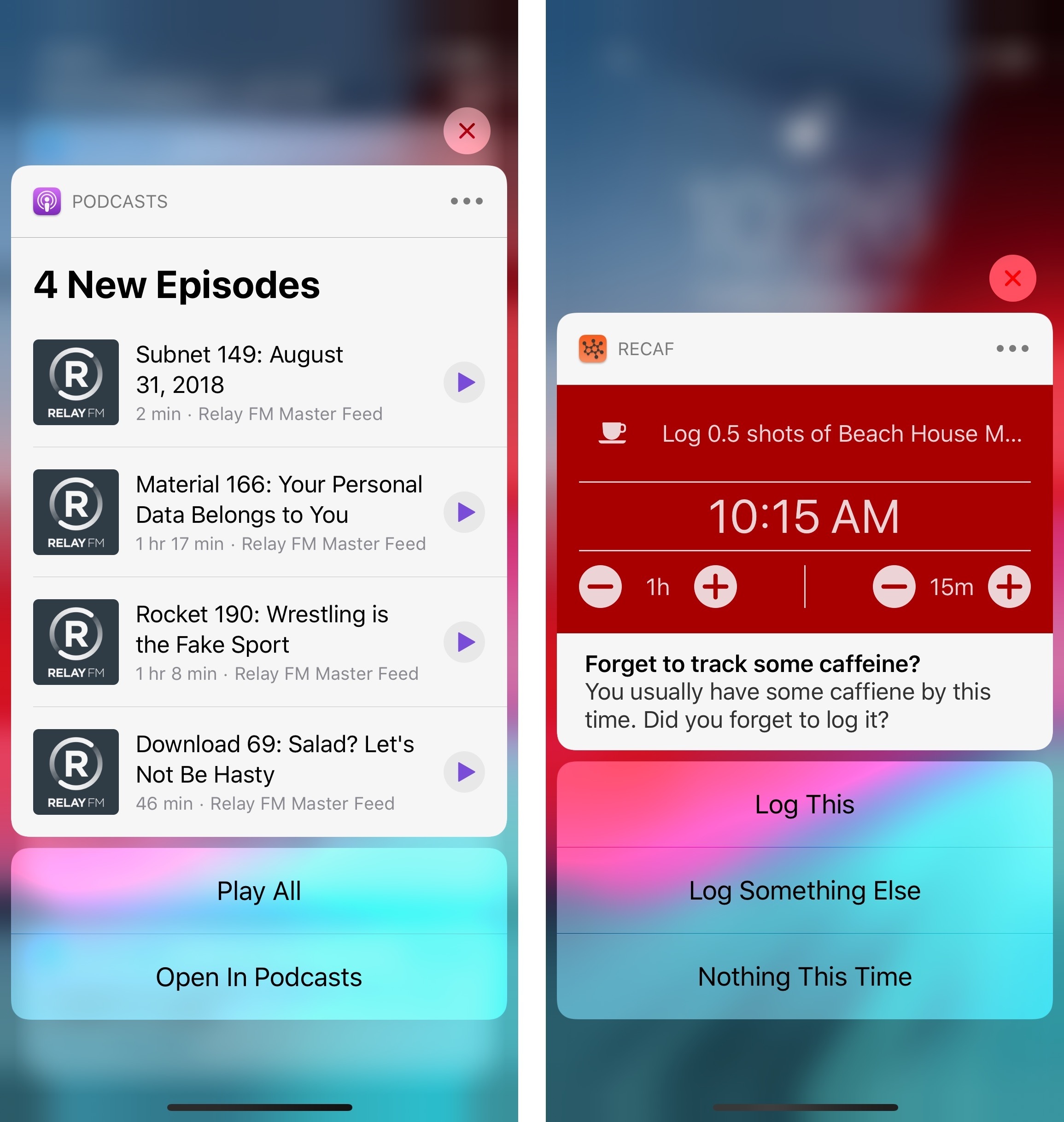 Rich notifications with interactive elements. (Pictured: Podcasts and the RECaf app.)