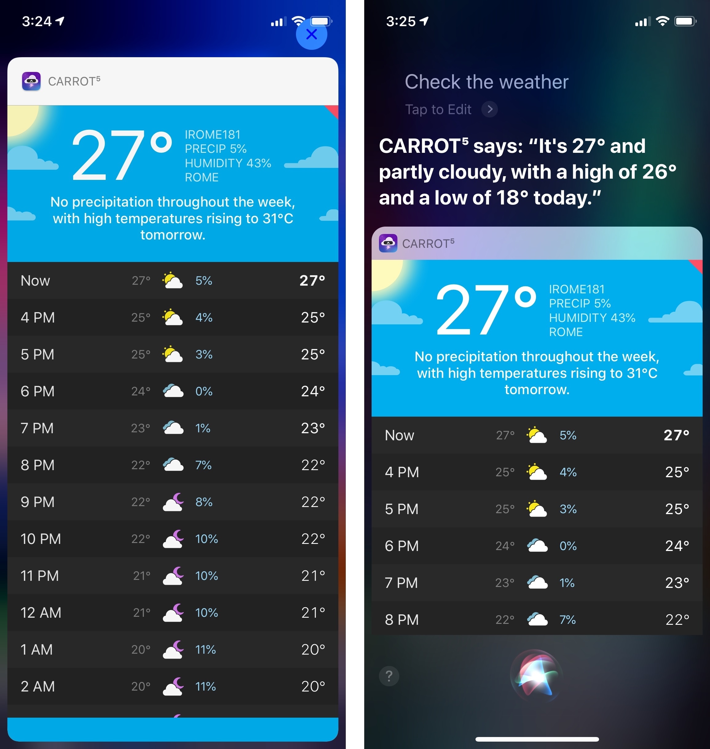 The same shortcut from CARROT Weather activated in Search (left) and Siri. The custom UI is the same, but Siri includes a verbal response too.