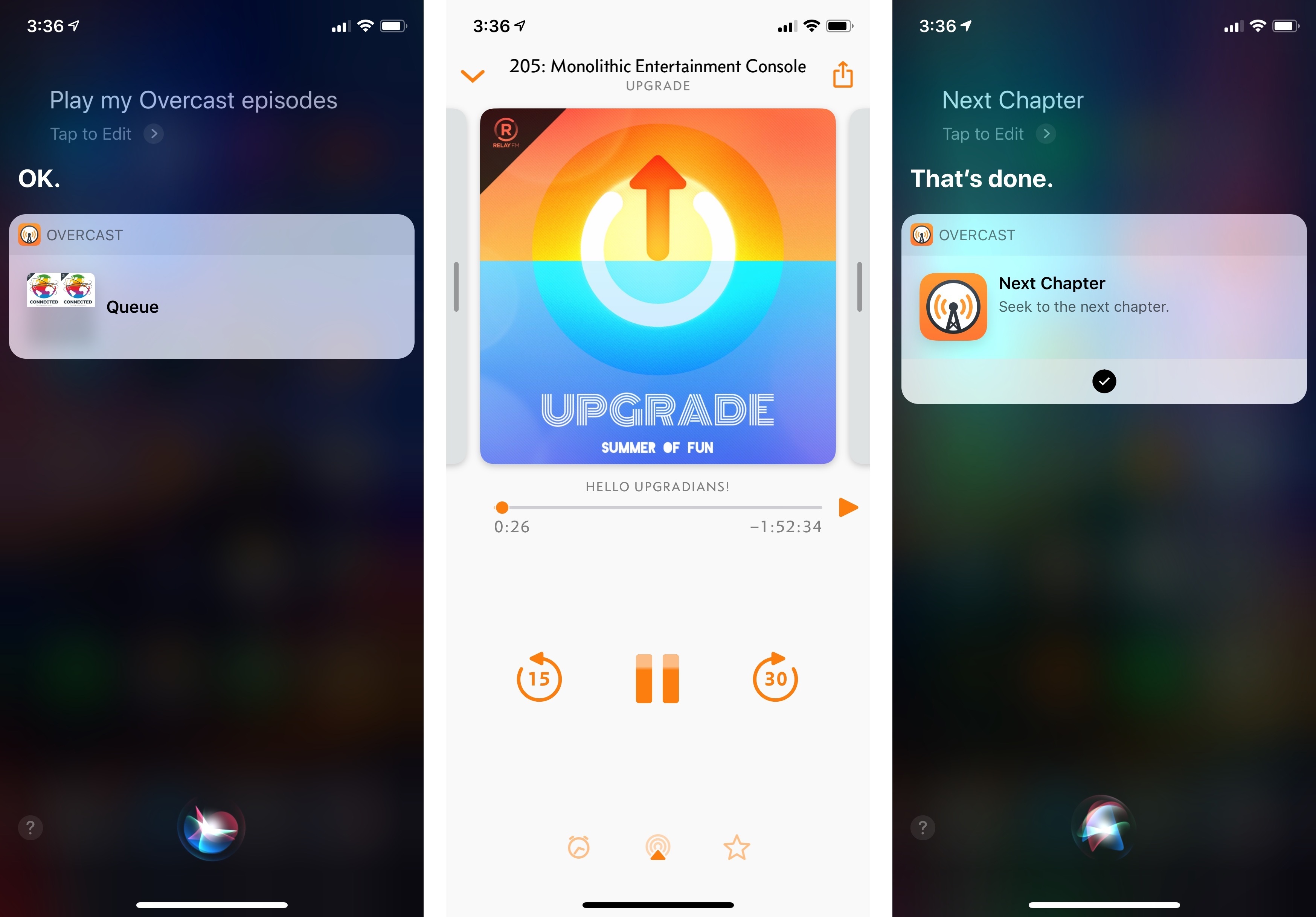 The new media shortcuts for Overcast 5. These shortcuts let you control background playback in Overcast from Siri.