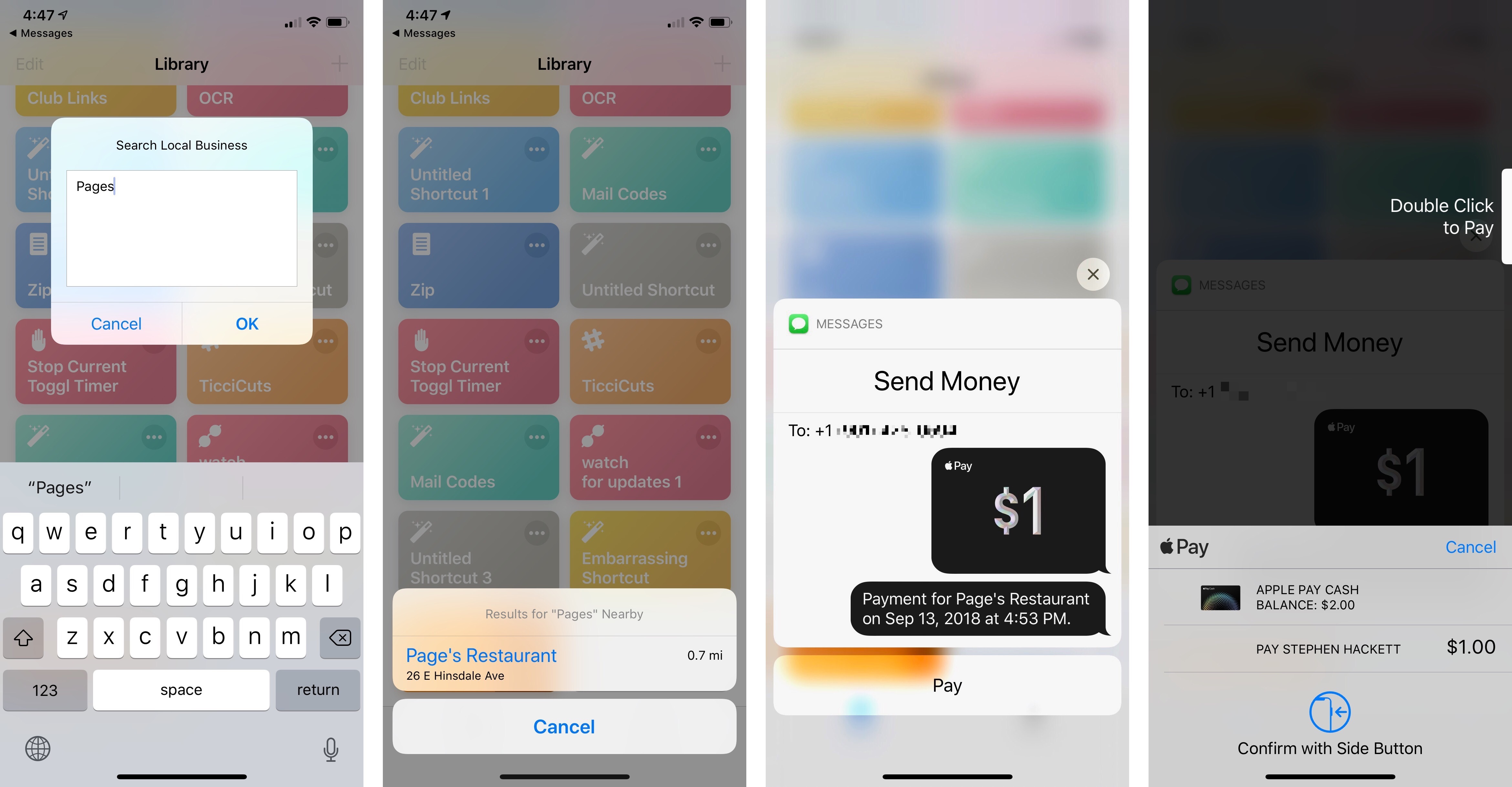 Sending an Apple Pay Cash payment with a custom shortcut.