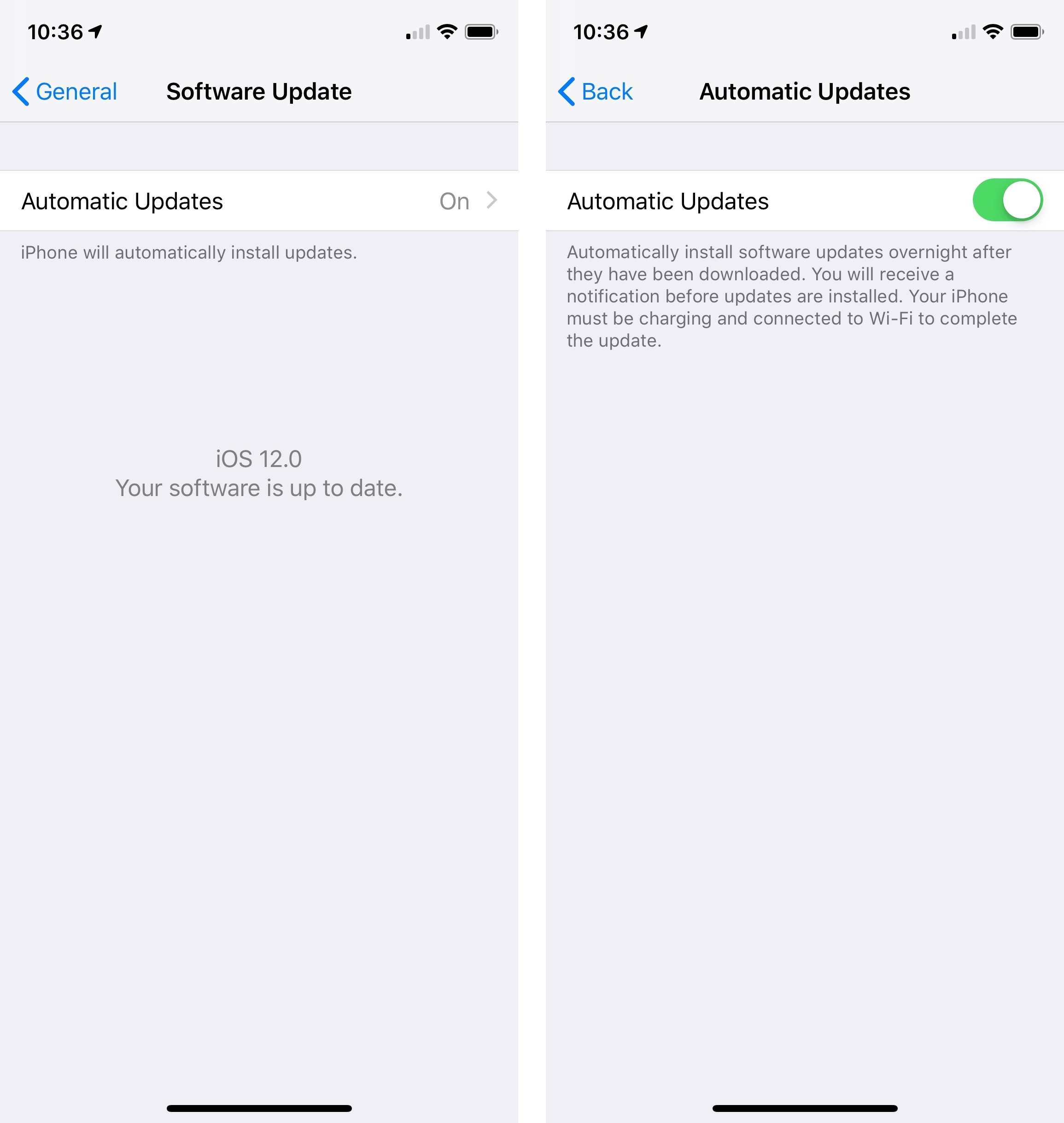 Automatic software update settings in iOS 12.