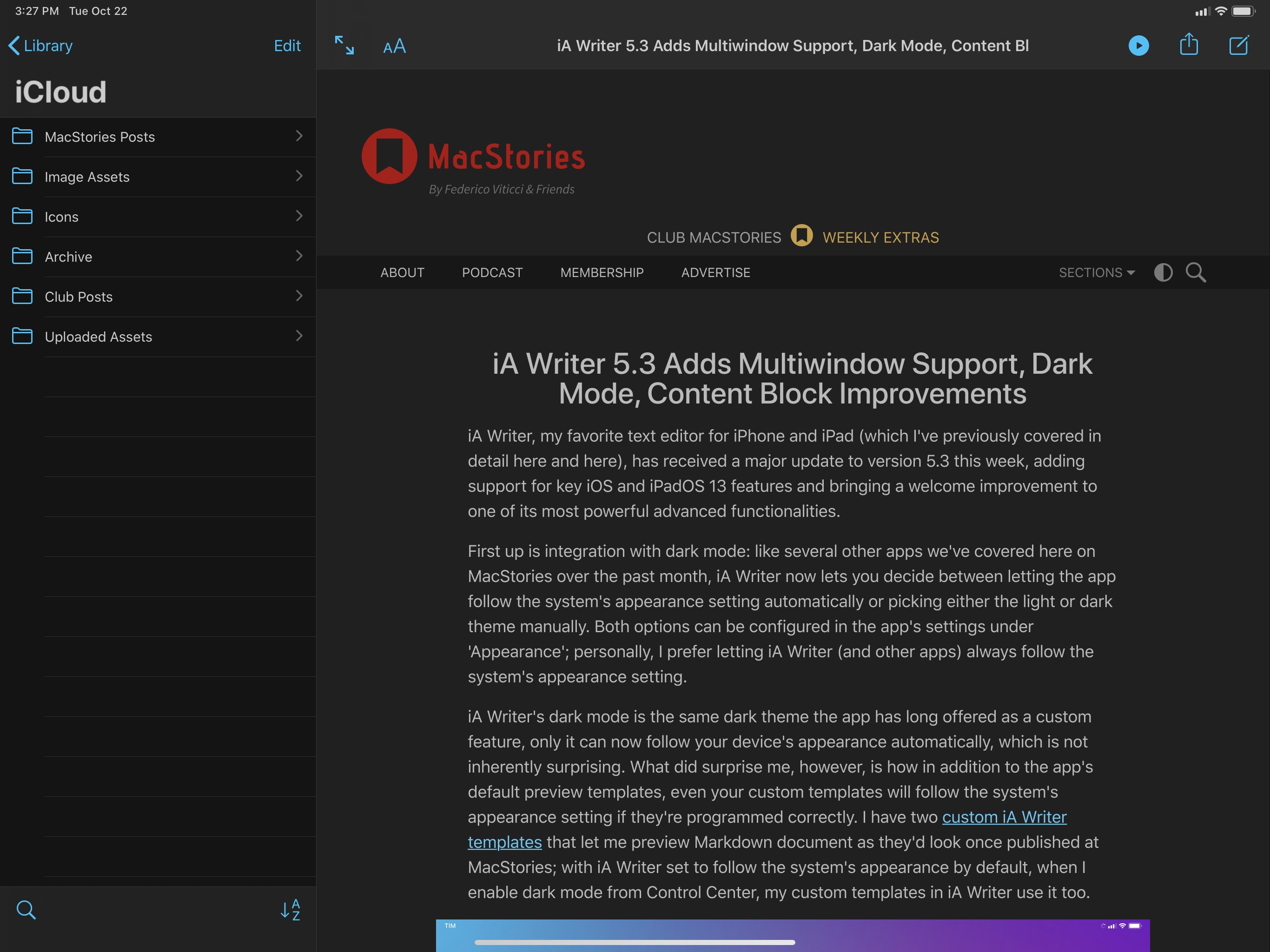 My custom MacStories template in iA Writer can switch to dark mode automatically alongside the rest of the app now.