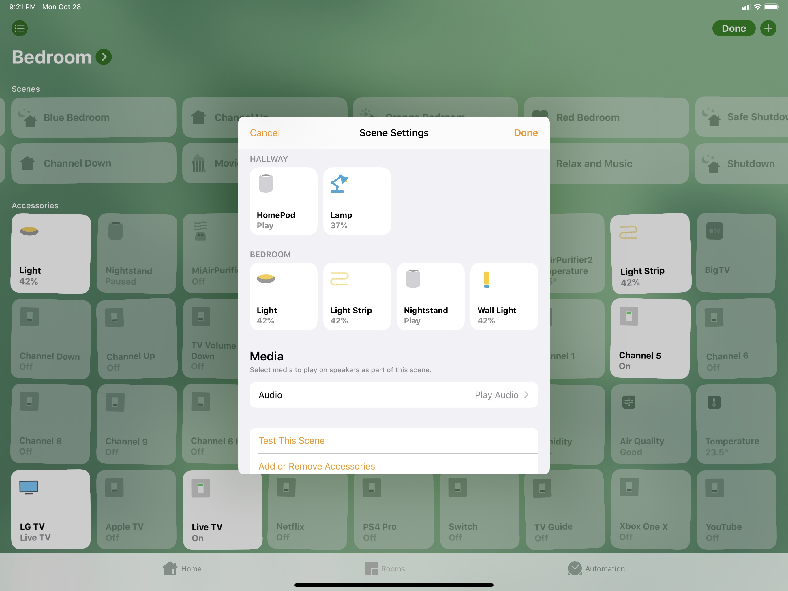 A HomeKit scene that contains HomePod controls in iPadOS 13.2.