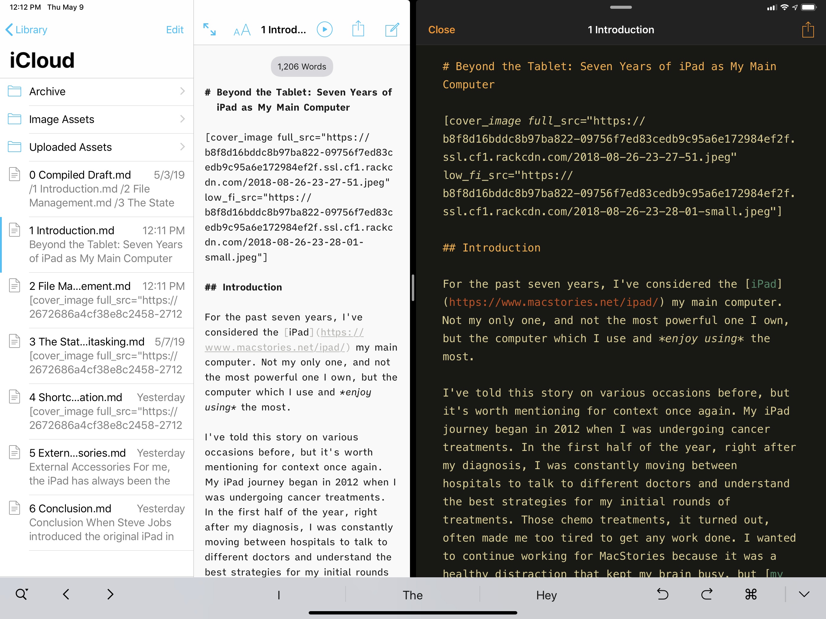 A document from iA Writer (left) opened in Pretext via the document browser and open-in-place (right).