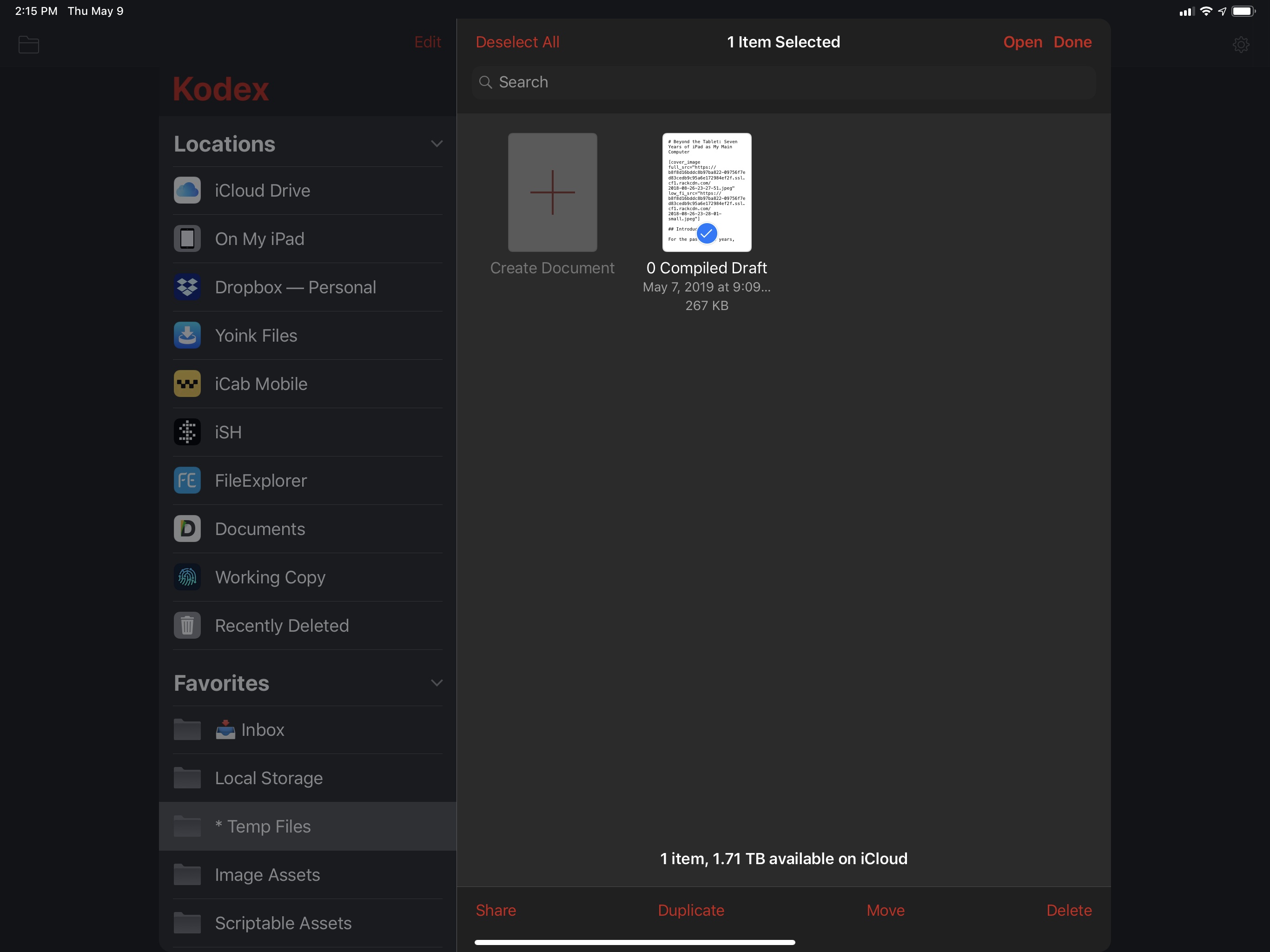 Kodex can open any text document using a Files picker.