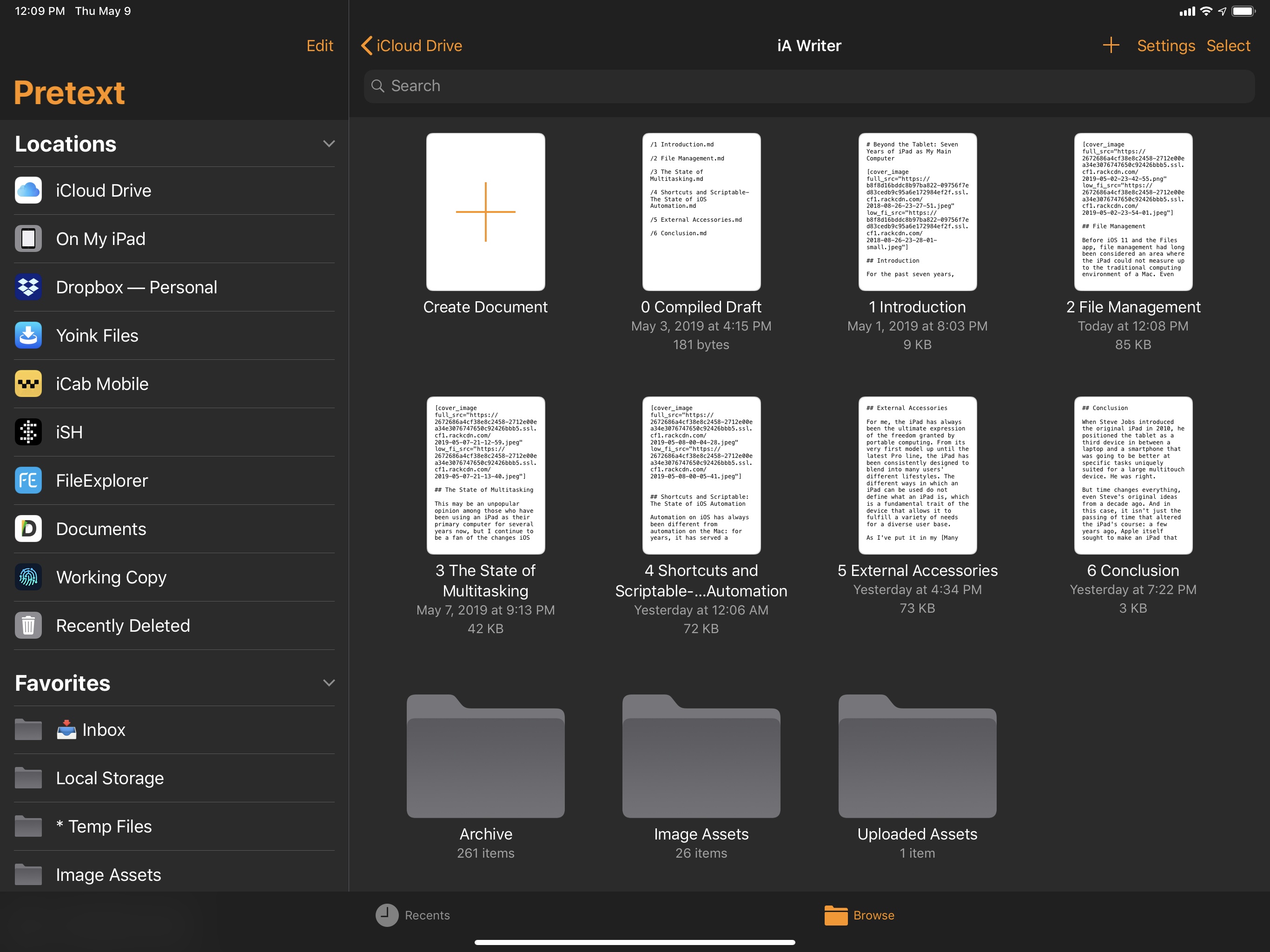 Pretext's dark-themed document browser showing text files from iA Writer's folder.