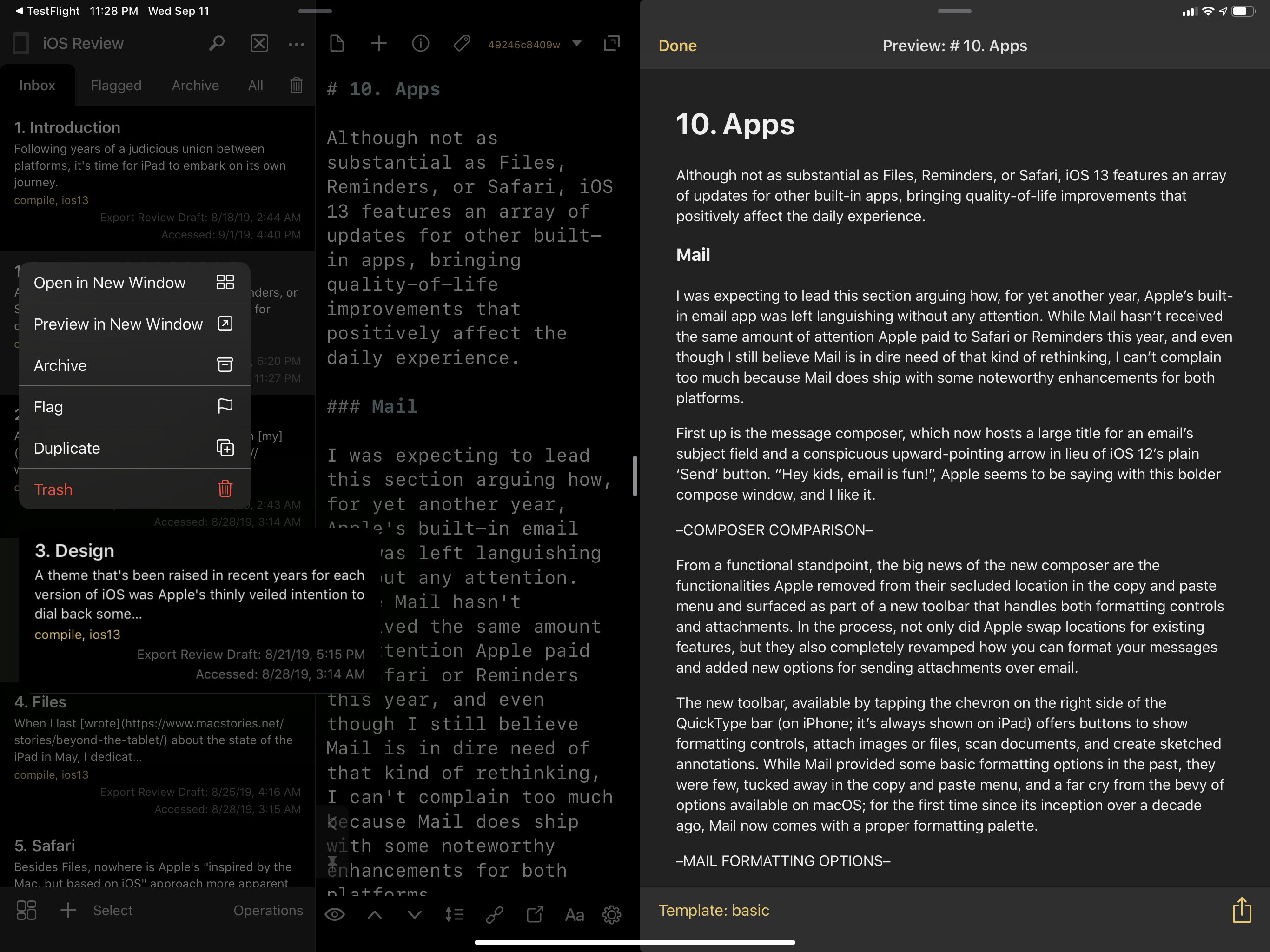 You can preview Markdown notes in separate windows with Drafts 15, and there's also a context menu to open new windows.