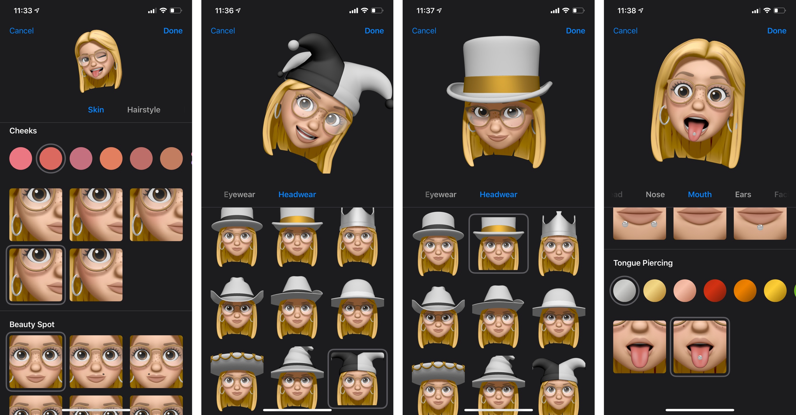 New options for Memoji creation in iOS 13, featuring Silvia.