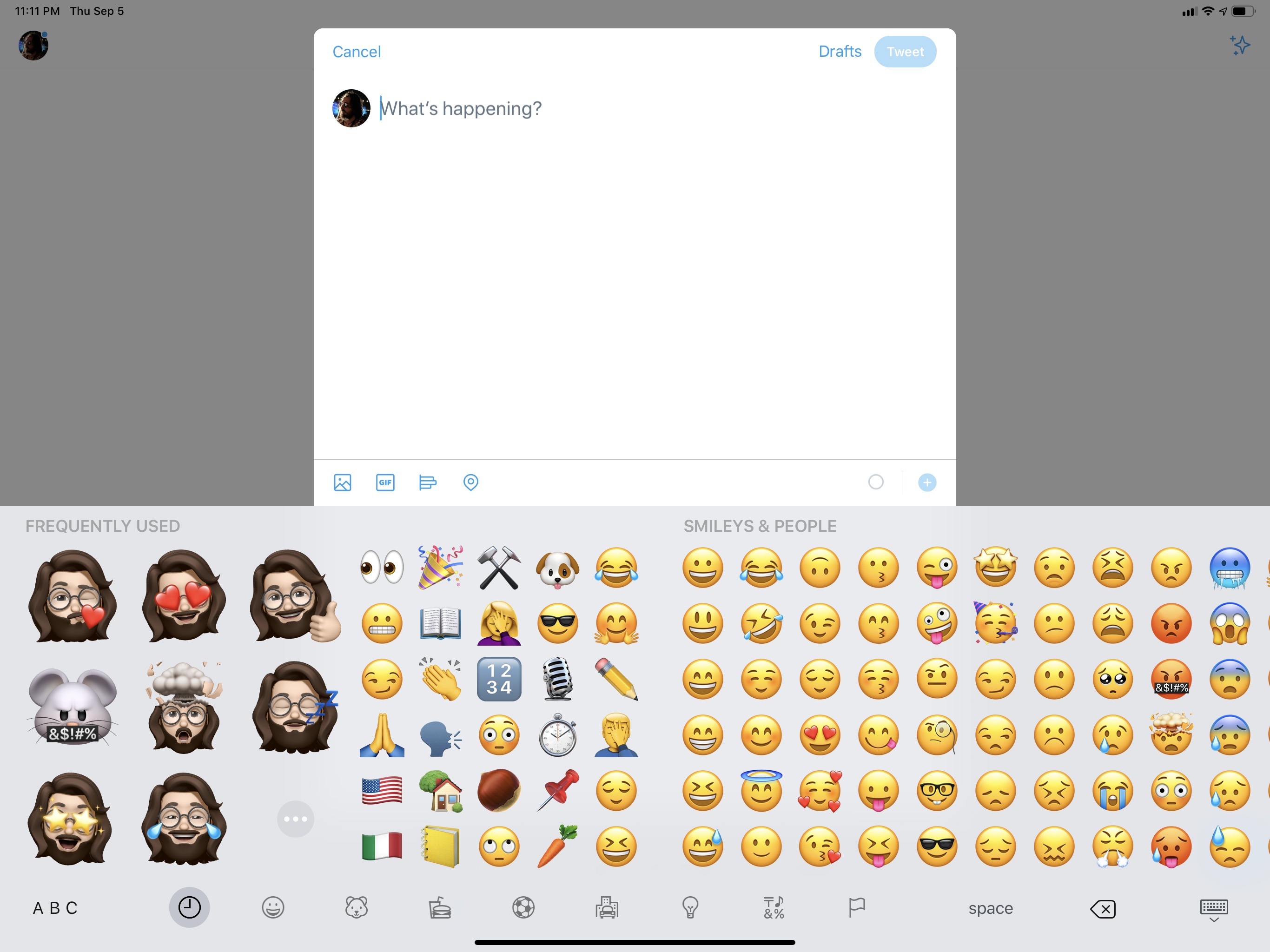 A selection of Memoji stickers are available on the left side of the standard emoji keyboard.