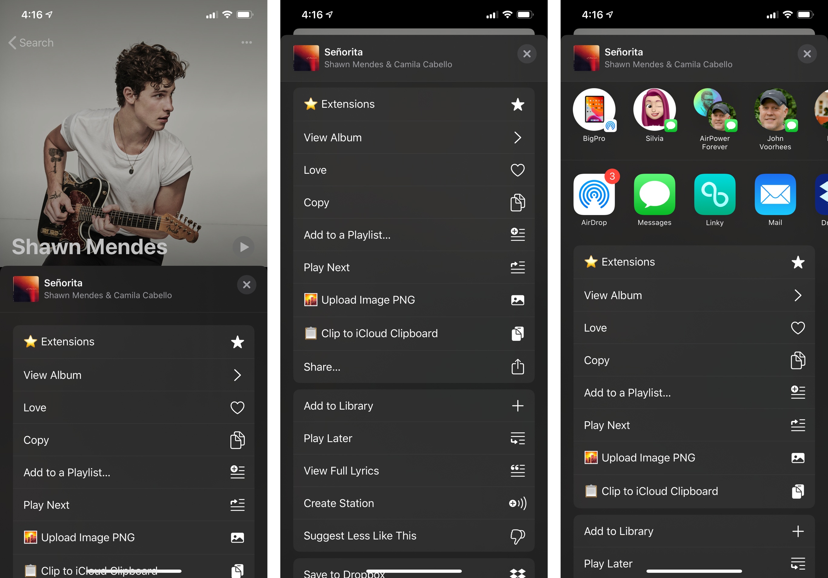 The full share sheet, as in other apps, contains both Music-specific actions and shortcuts.