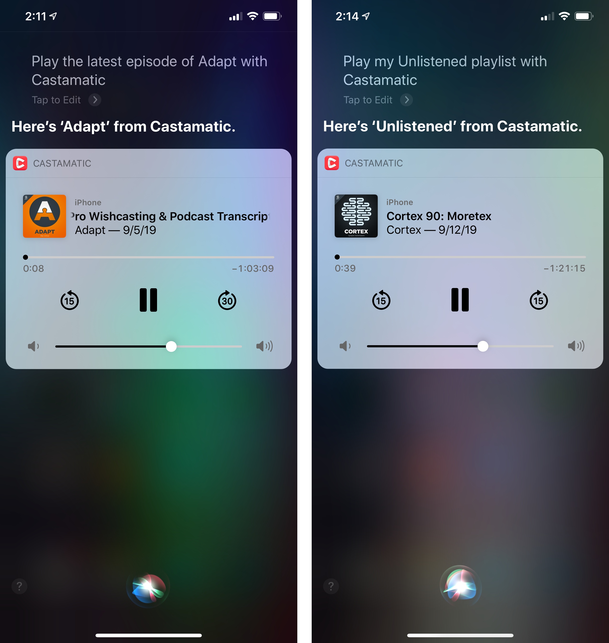 Playing podcast episodes and playlists with Castamatic, a podcast app that has adopted SiriKit's new media intents in iOS 13.