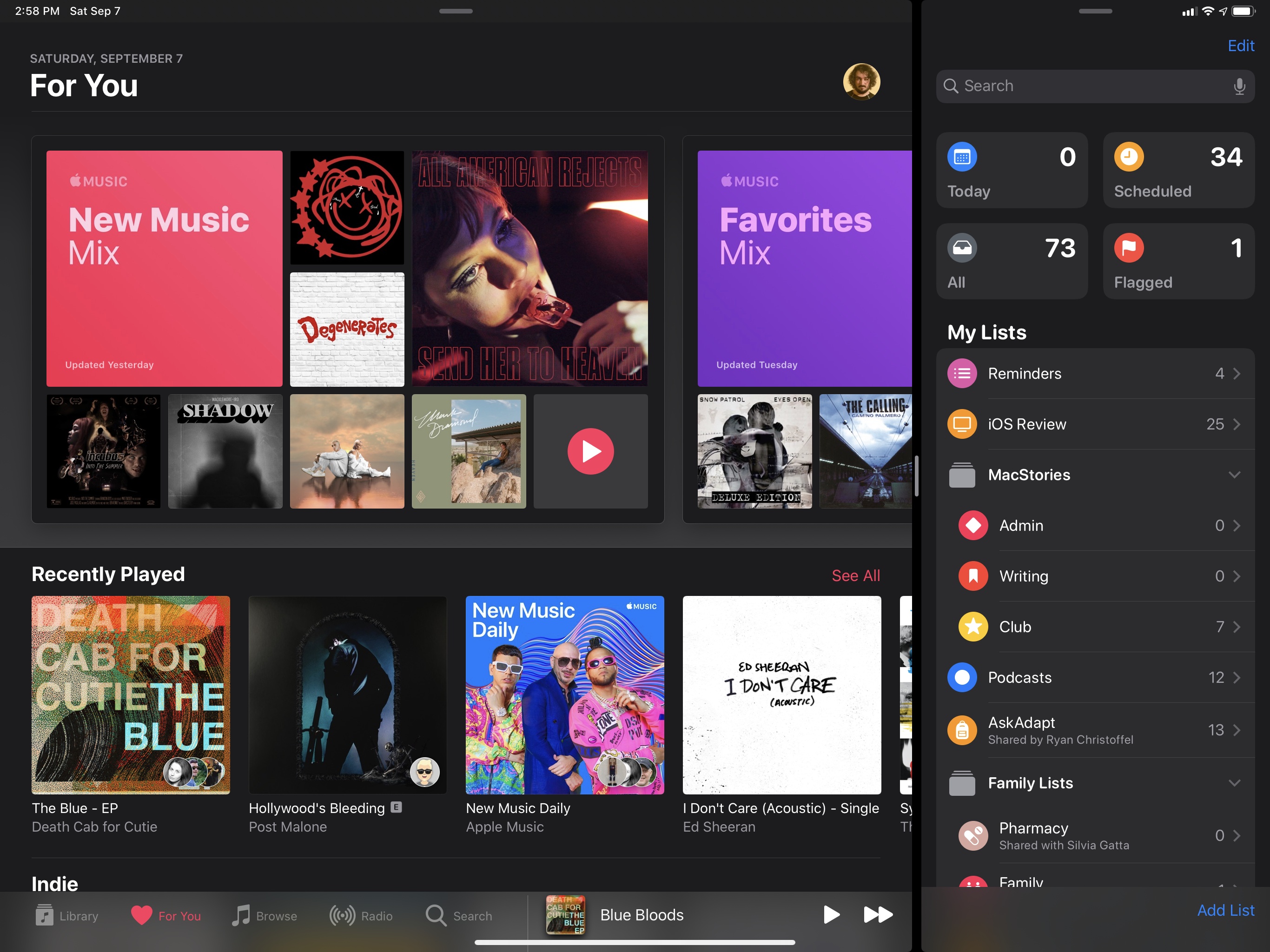 Dark mode in Music and Reminders for iPadOS 13.