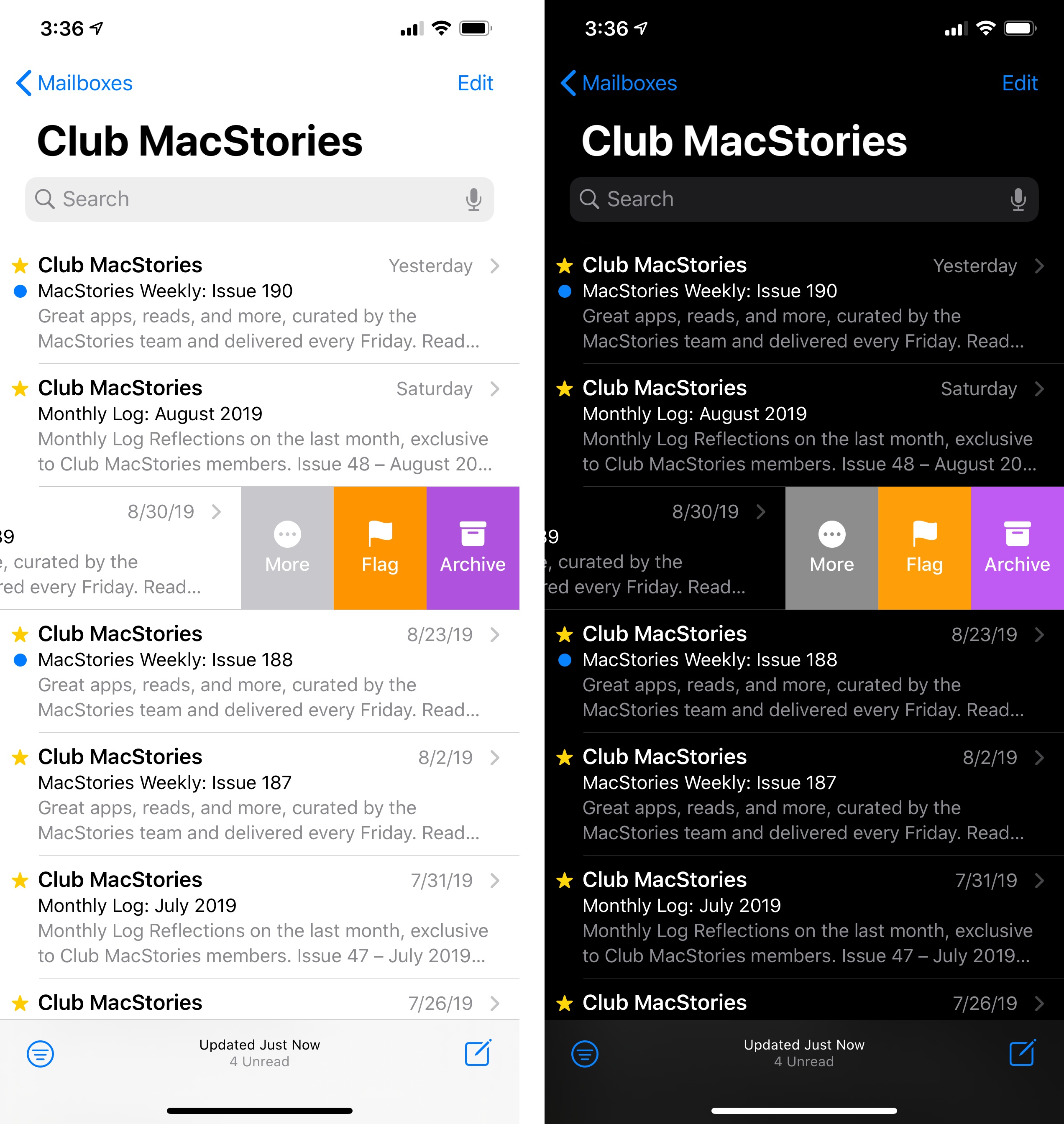 Swipe actions in Mail use the new system colors in iOS 13.