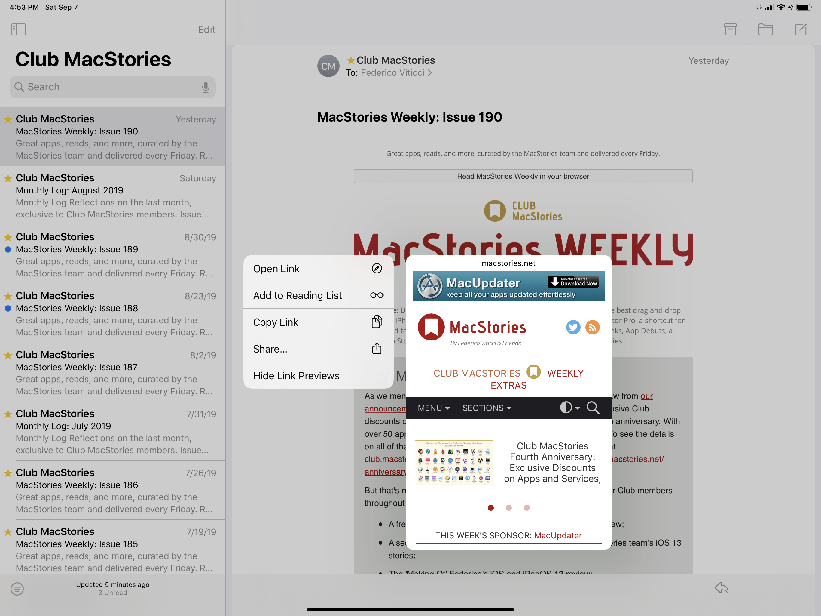 A context menu for a link that was long-pressed on iPad.