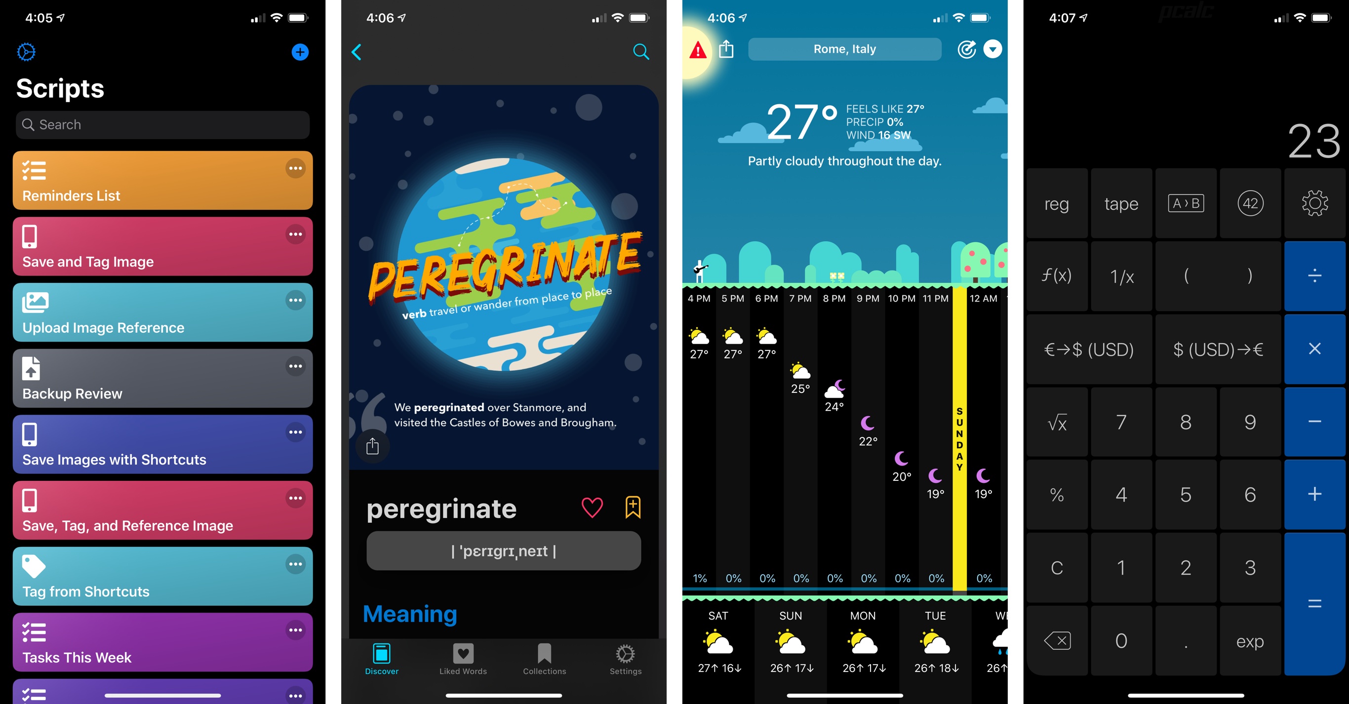 From left to right: Scriptable, LookUp, CARROT Weather, and PCalc running on iOS 13 with support for native dark mode.