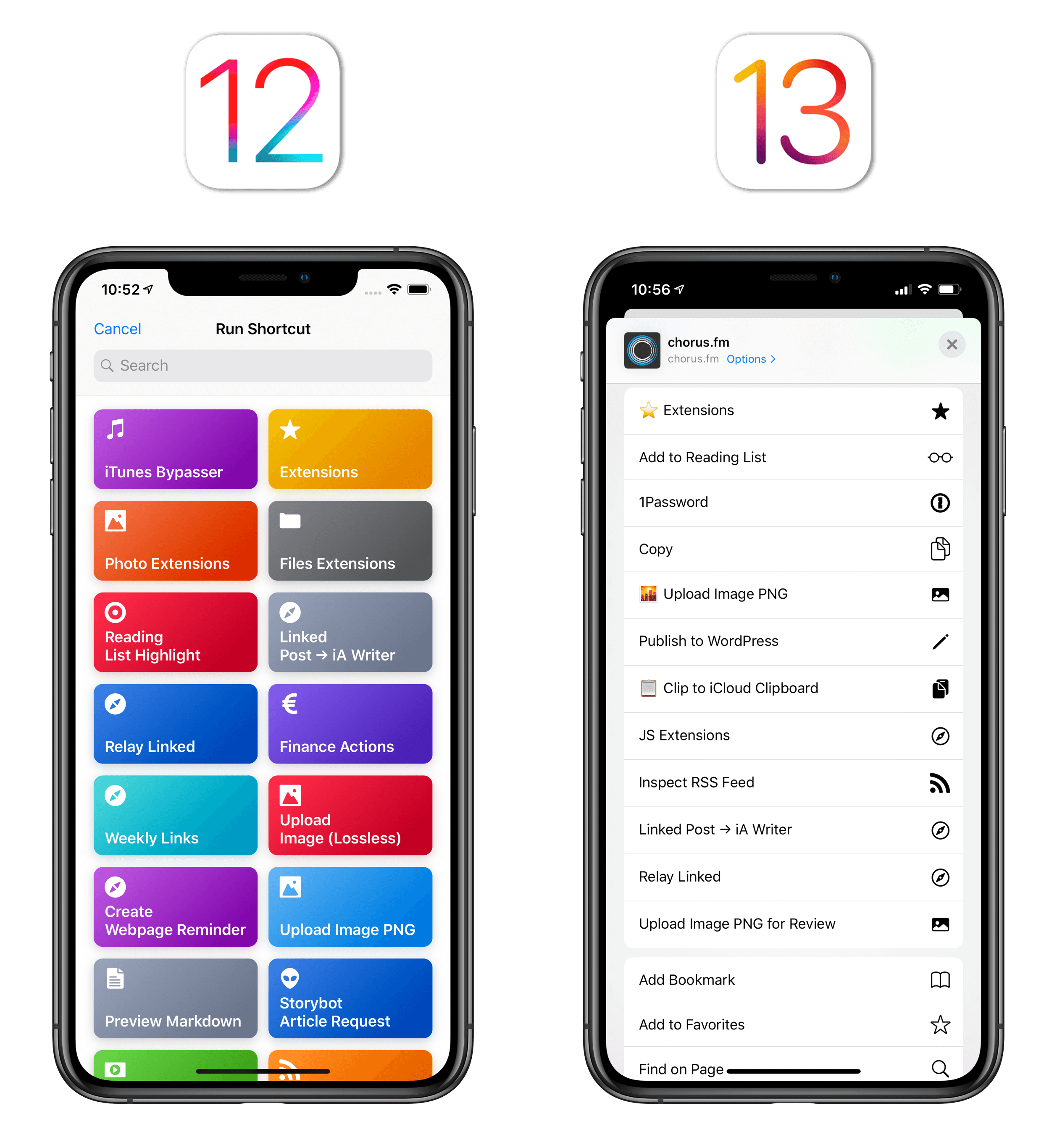 In iOS 12, you had to open a separate extension to view your shortcuts. In iOS 13, your shortcuts are top-level items that can be intermixed with other actions.