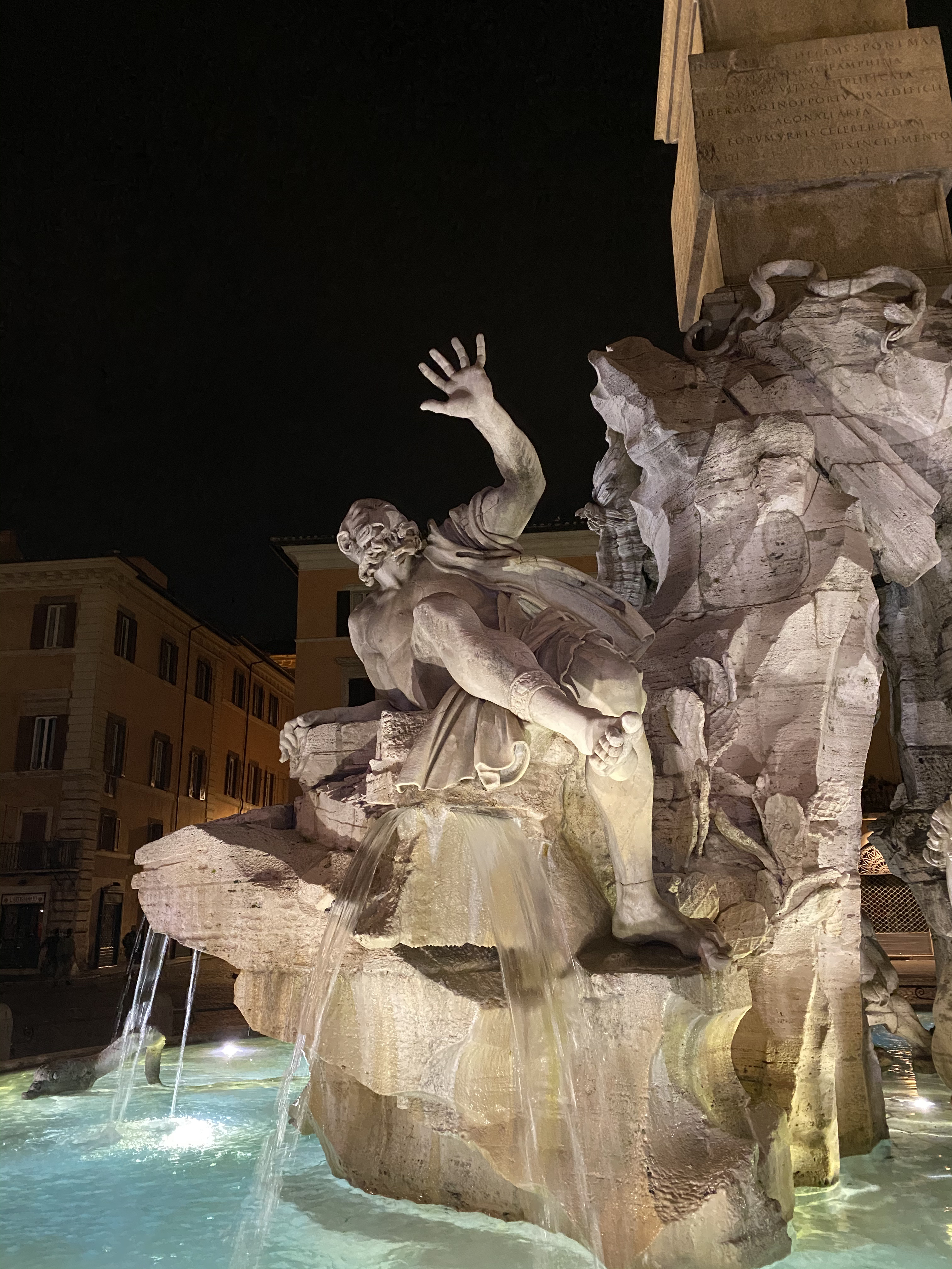 Detail of the Fountain of the Four Rivers, wide camera, night mode on. (Pictured: river god Río de la Plata, scared by a snake. This fountain is full of metaphors and allegories.)