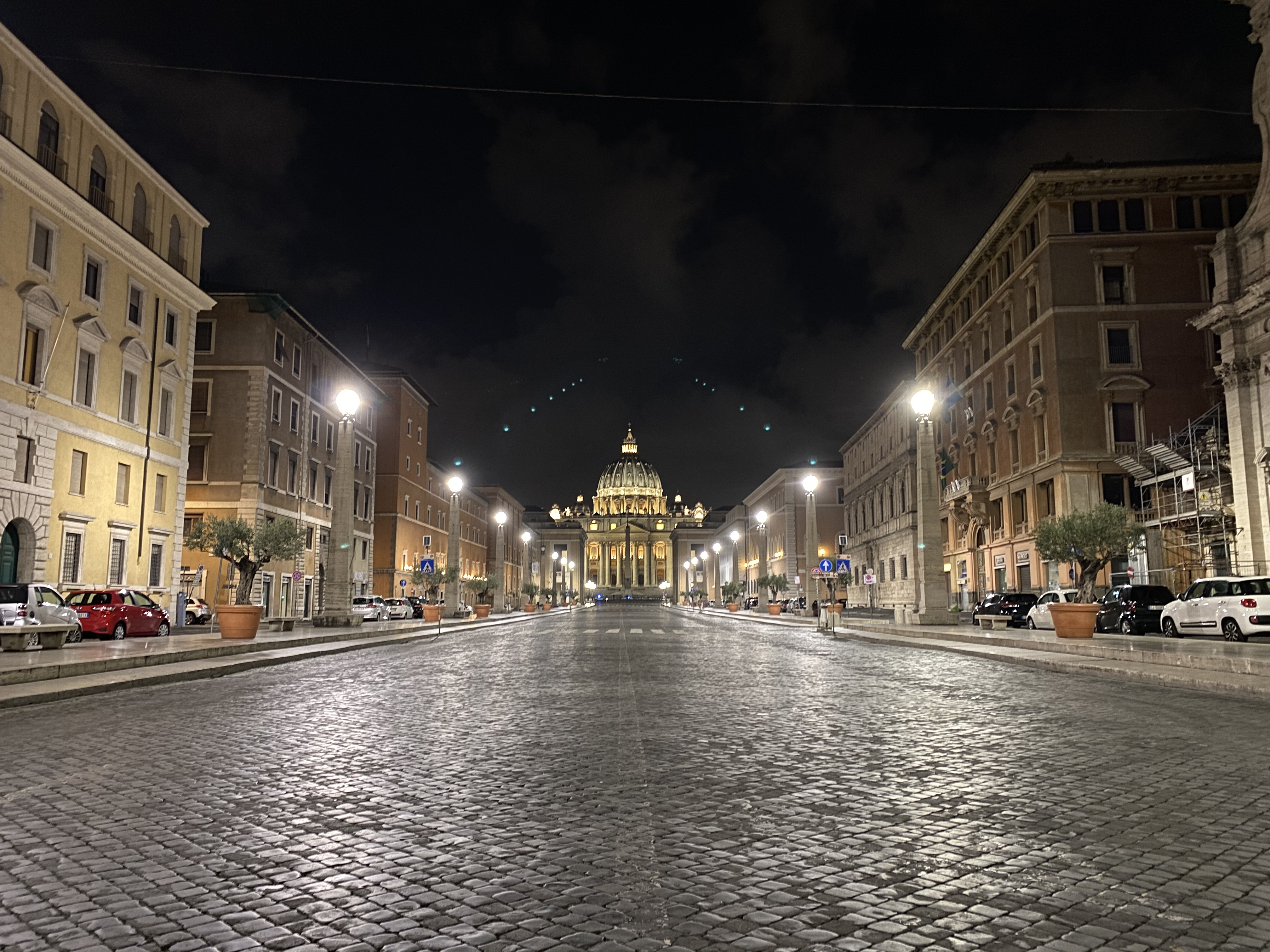 Via della Conciliazione and St. Peter’s Basilica, wide camera, night mode on.