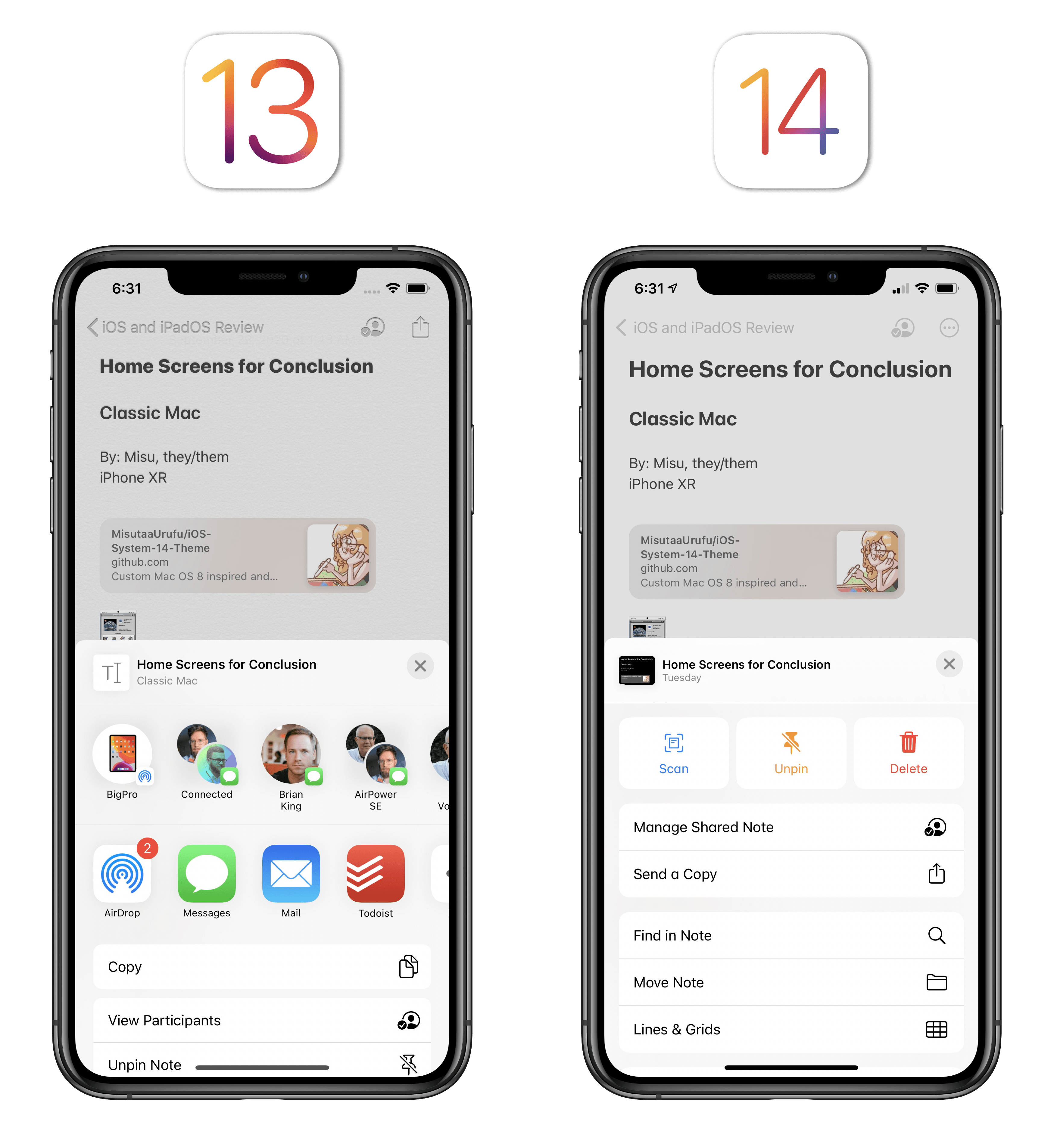 The Notes app in iOS 14 no longer defaults to showing the share sheet when tapping the 'More' button.