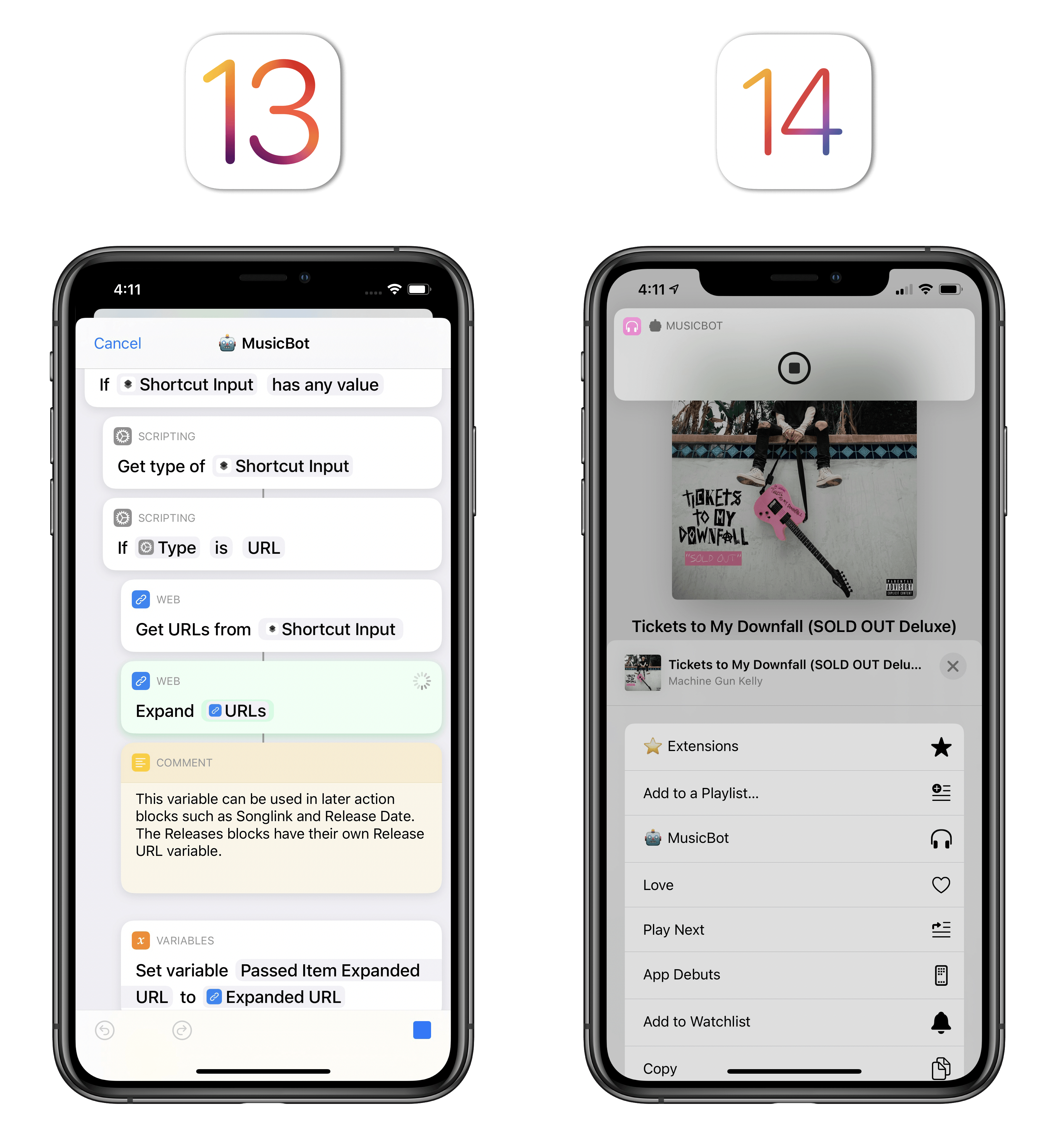 When you started running a shortcut from the share sheet in iOS 13, you'd see the editor and the entire flow of actions from top to bottom. In iOS 14, you only see a compact confirmation banner at the top.