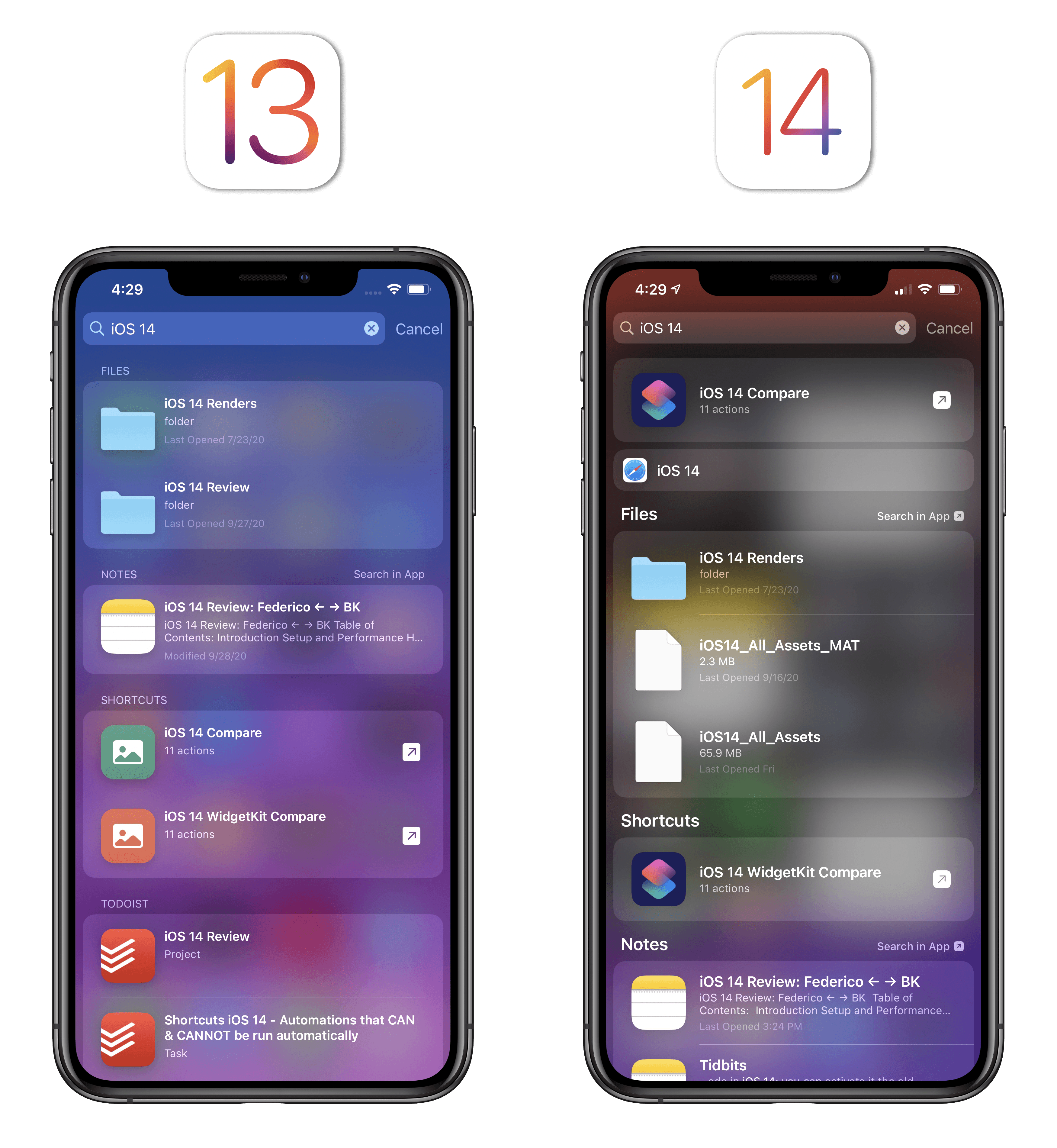 iOS 14's Search includes smarter Top Hits and integrates web search suggestions.