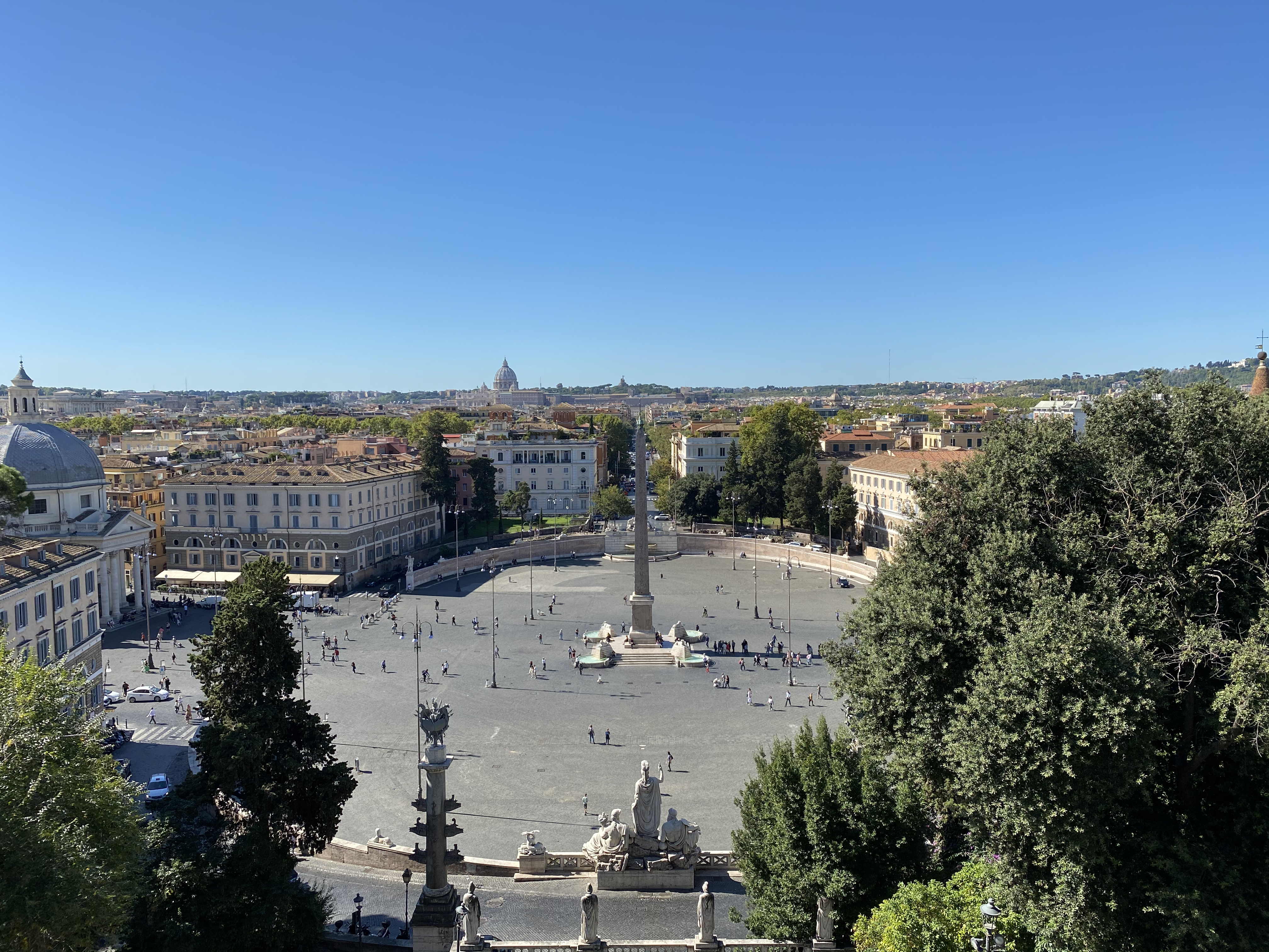 Piazza del Popolo as seen from the Pincian Hill, wide camera. (St. Peter's Basilica in the background.)