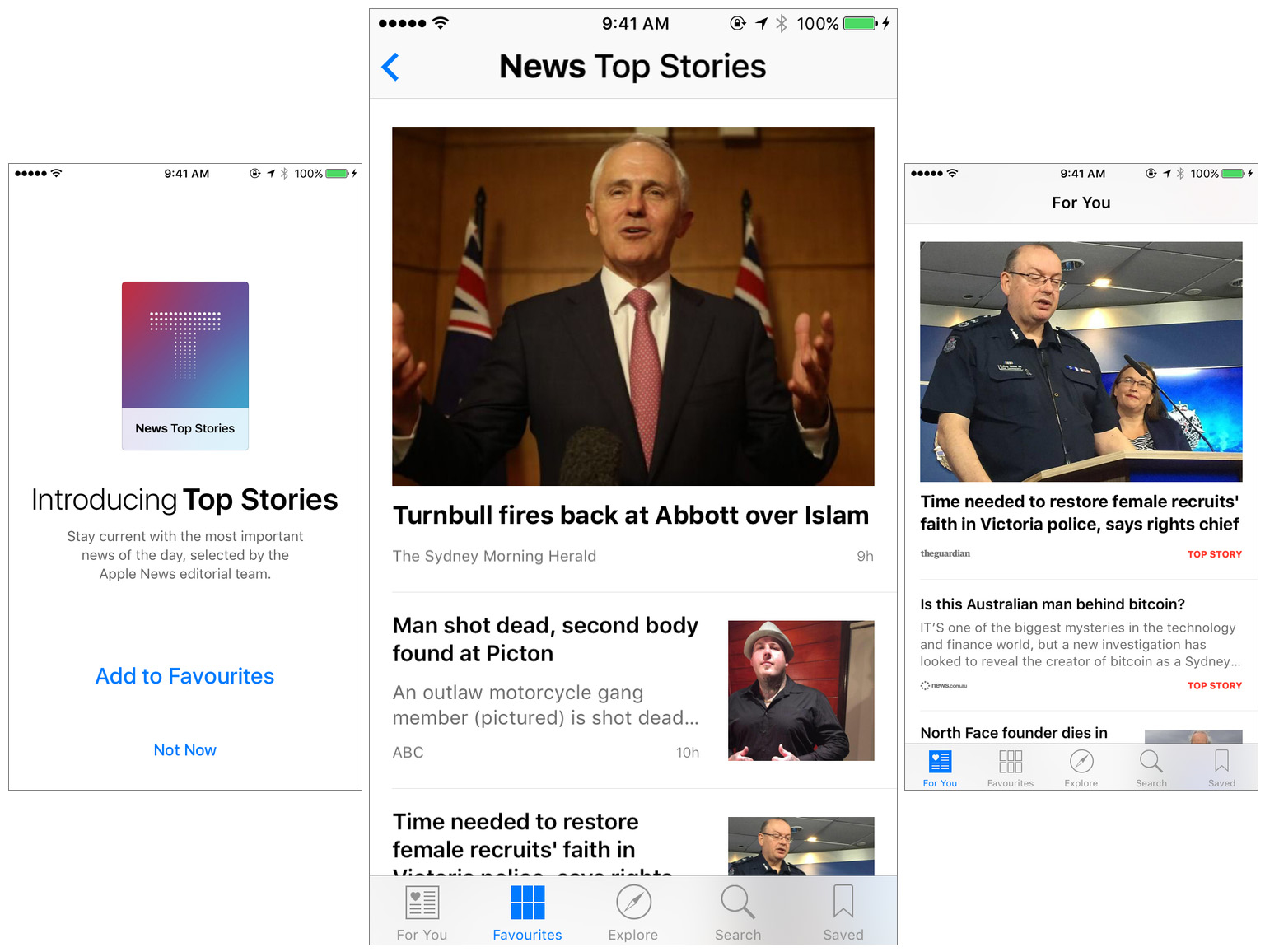 (L-R) The Apple News launch screen after you update to iOS 9.2, the Top Stories channel in my Favorites section, the For You section which features Top Stories (note the red tag on the right). 