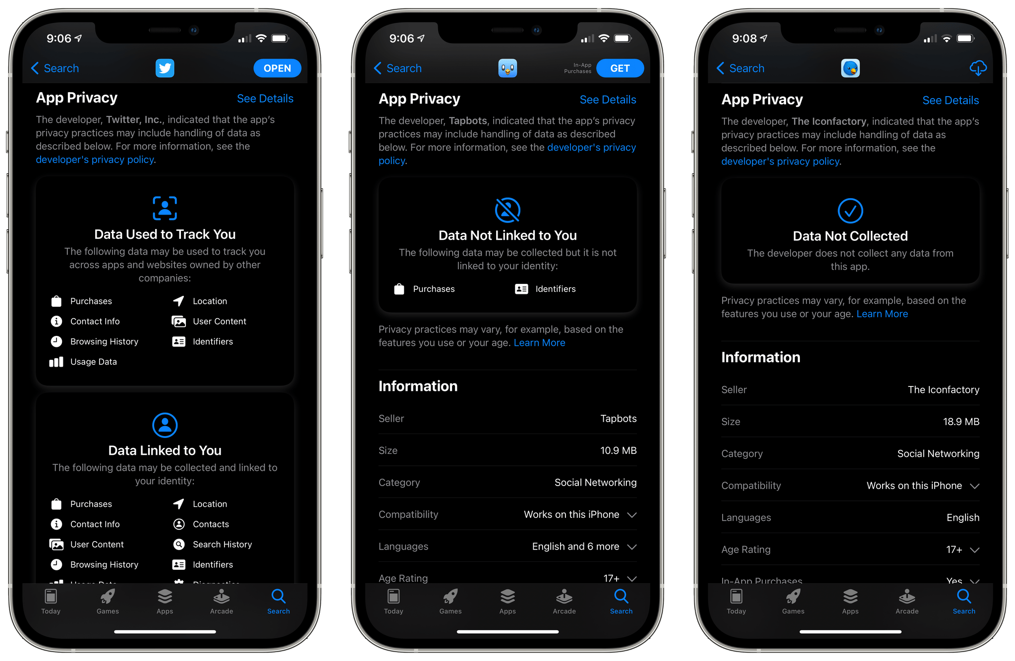 Apple's App Store privacy labels make it clear to users that third-party Twitter clients collect far less data than the official app, for example.