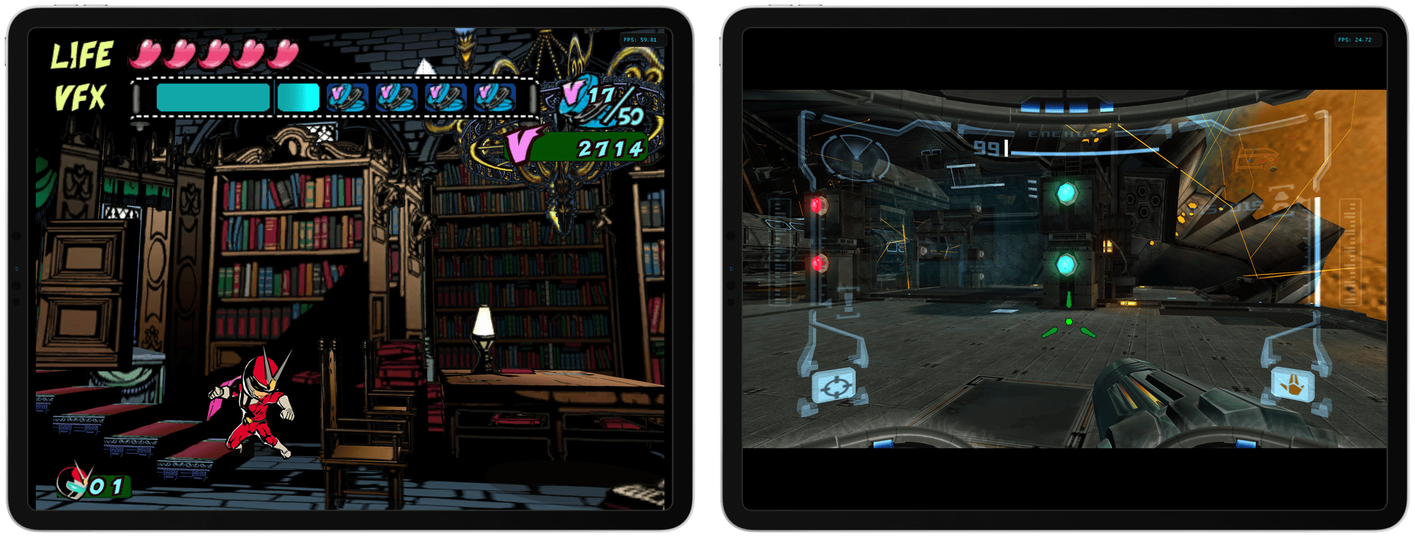 Viewtiful Joe and Metroid Prime running in DolphiniOS on my iPad Pro. Both games occasionally drop to 30fps, but playing them at 4K is amazing regardless.