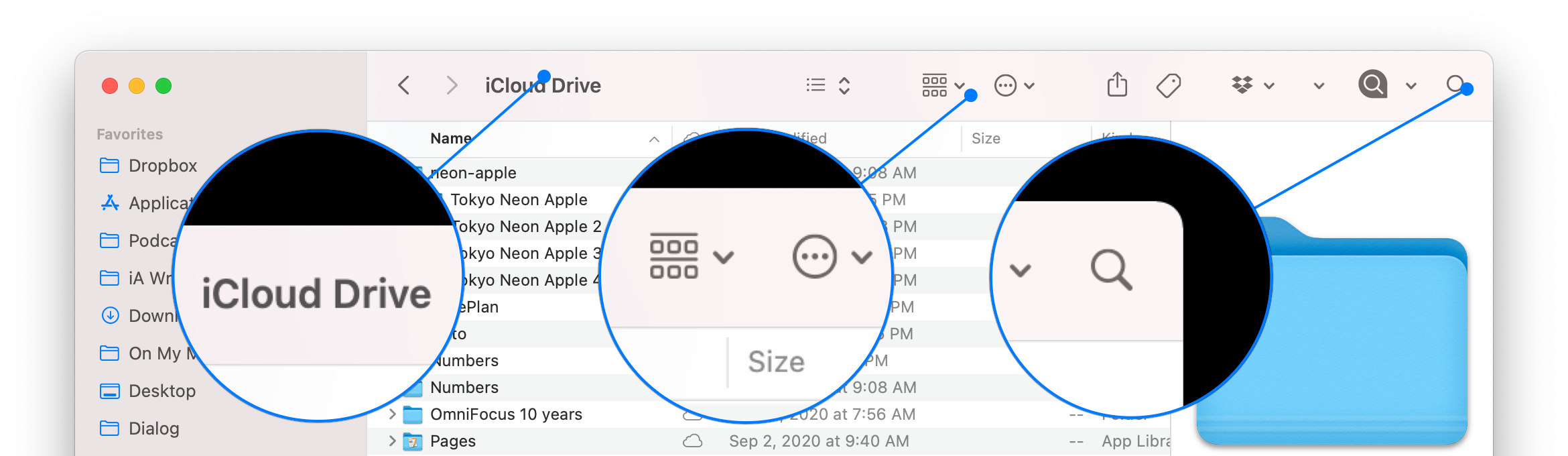 The Finder window is a terrific example of how Big Sur window titles are left-justified, toolbar buttons are borderless, and search controls are often collapsed.