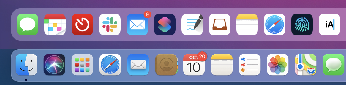 The iPad Dock (top) and the Mac Dock (bottom) share more similarities than differences, but remain distinct.