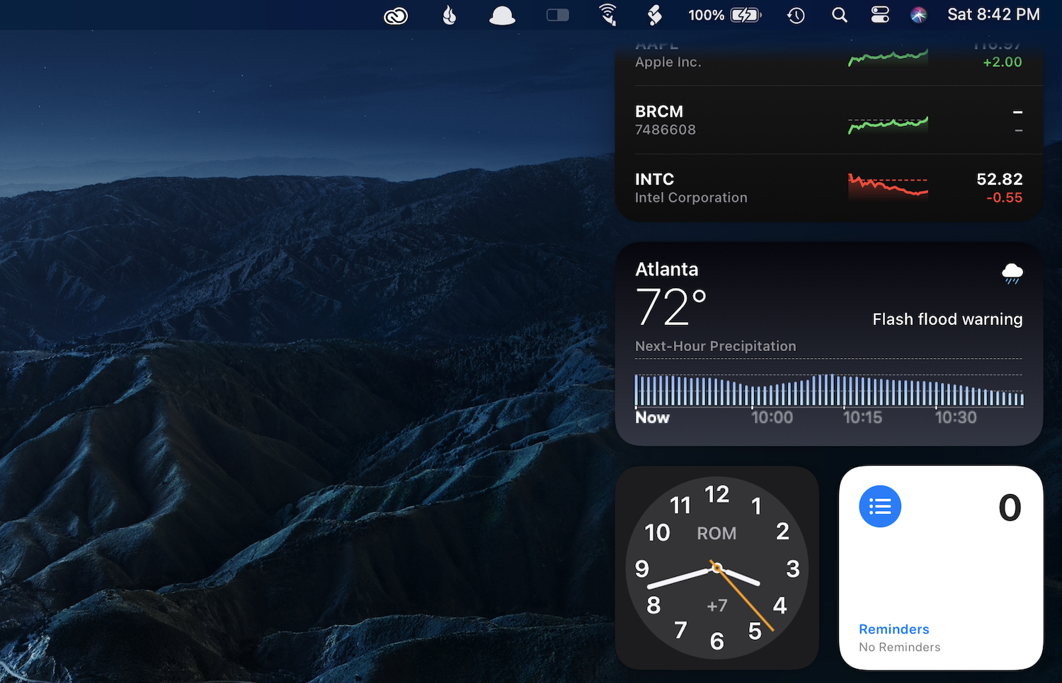 The Weather widget displays severe weather warnings and anticipated precipitation.