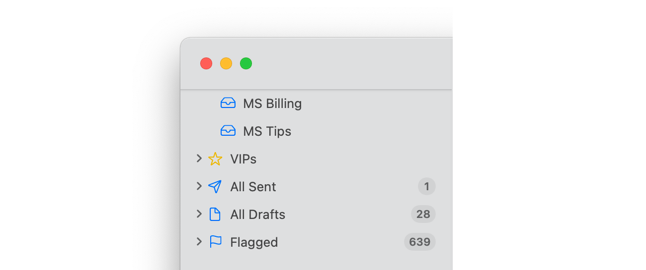 Mail uses unique colors in the sidebar for VIPs and Smart Mailboxes.
