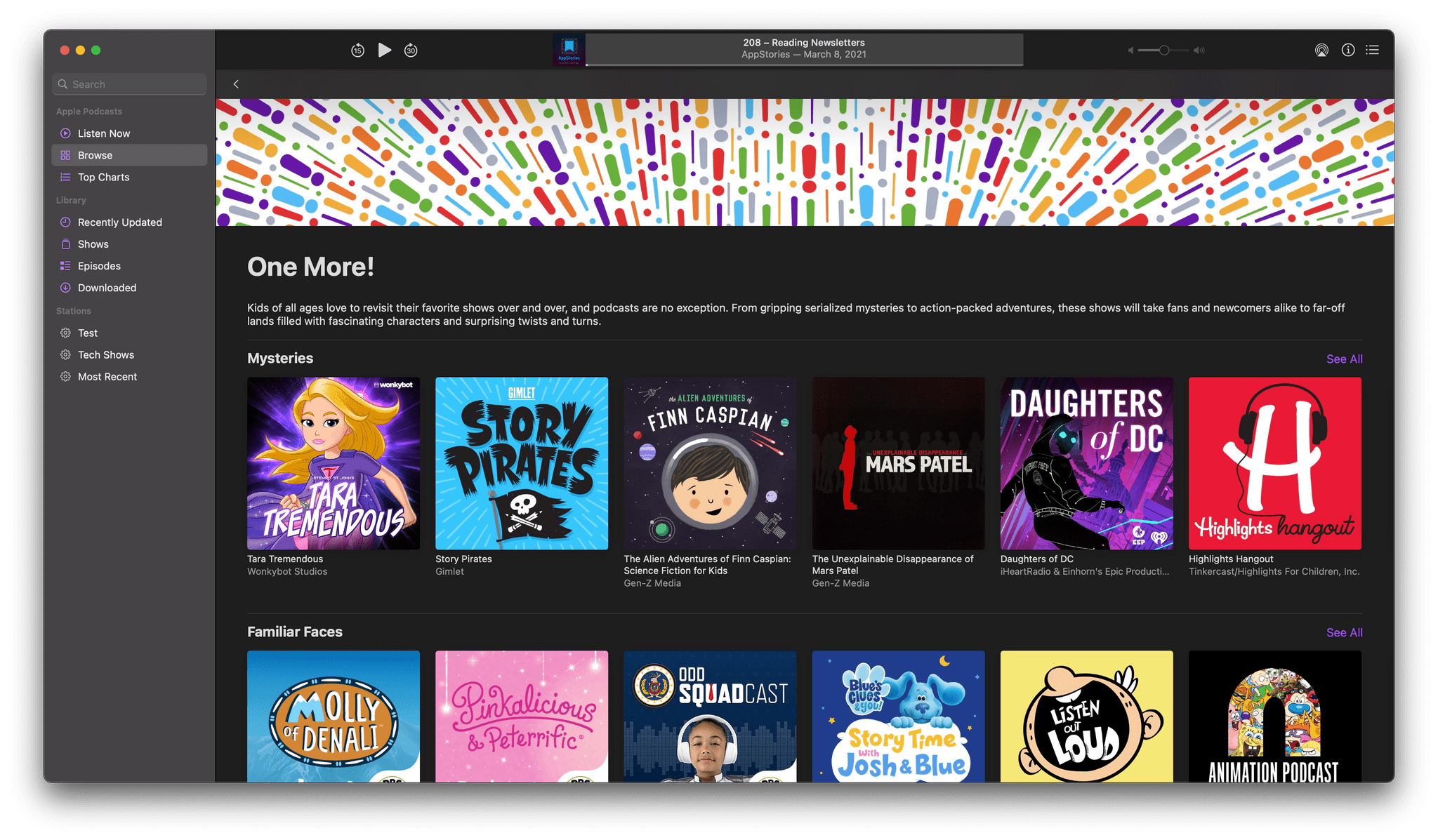 Some of the shows spotlighted in the One More! collection in Apple Podcasts.